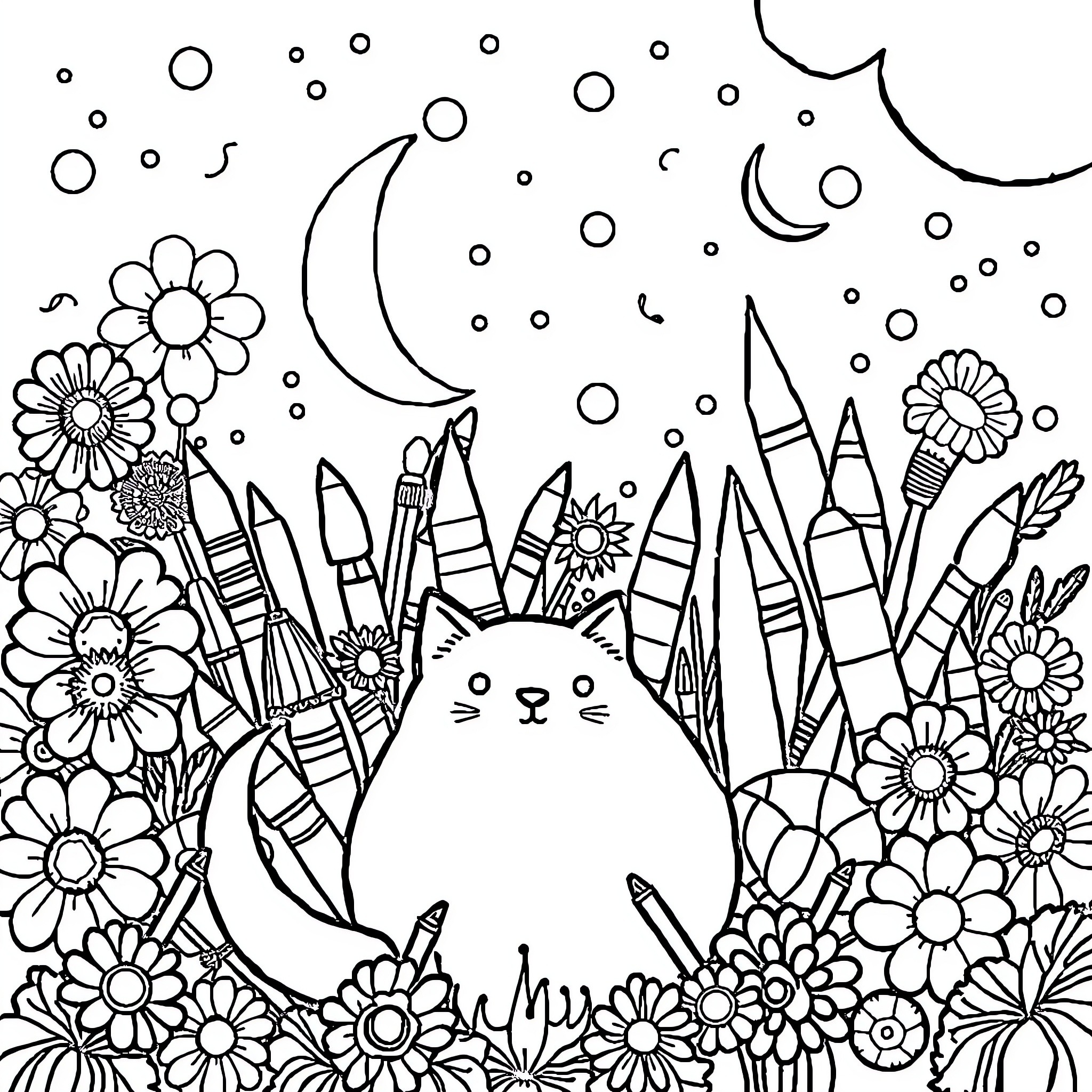 Lío de la noche entre flores y lunas Coloring Page (free black-and-white line drawing printable PDF for all, from beginners to advanced learners, including children, teens, adults, and seniors)