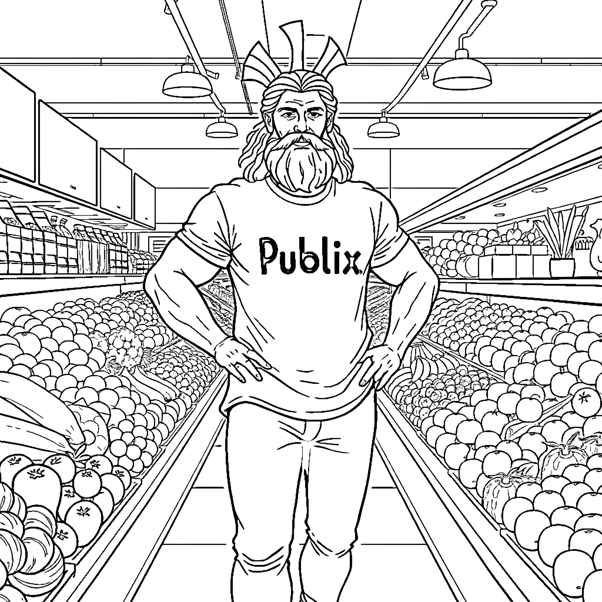 Zeus in a Publix Supermarket Coloring Page (free black-and-white line drawing printable PDF for all, from beginners to advanced learners, including children, teens, adults, and seniors)