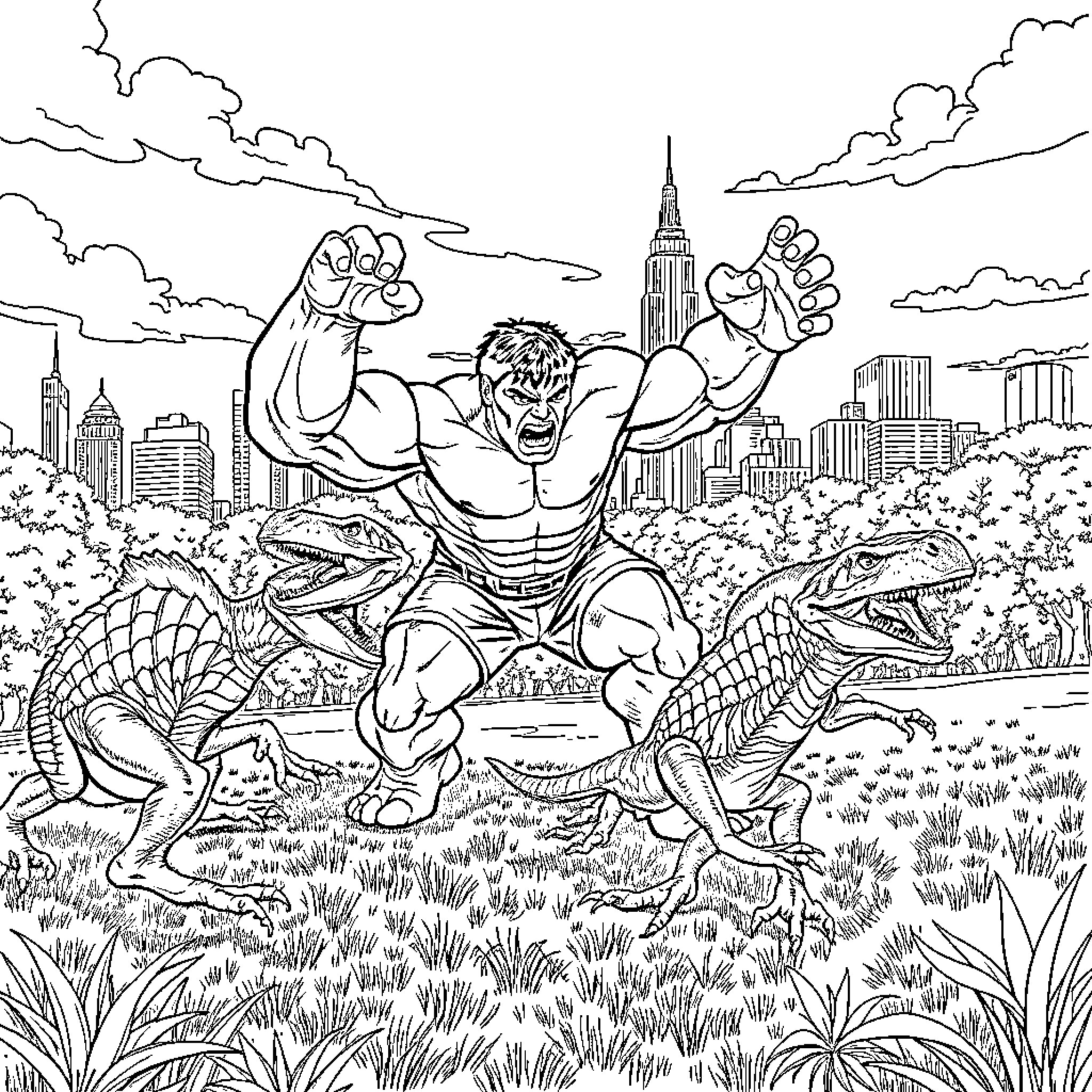 Hulk roaring and overpowering giant reptiles in the city Coloring Page (free black-and-white line drawing printable PDF for all, from beginners to advanced learners, including children, teens, adults, and seniors)