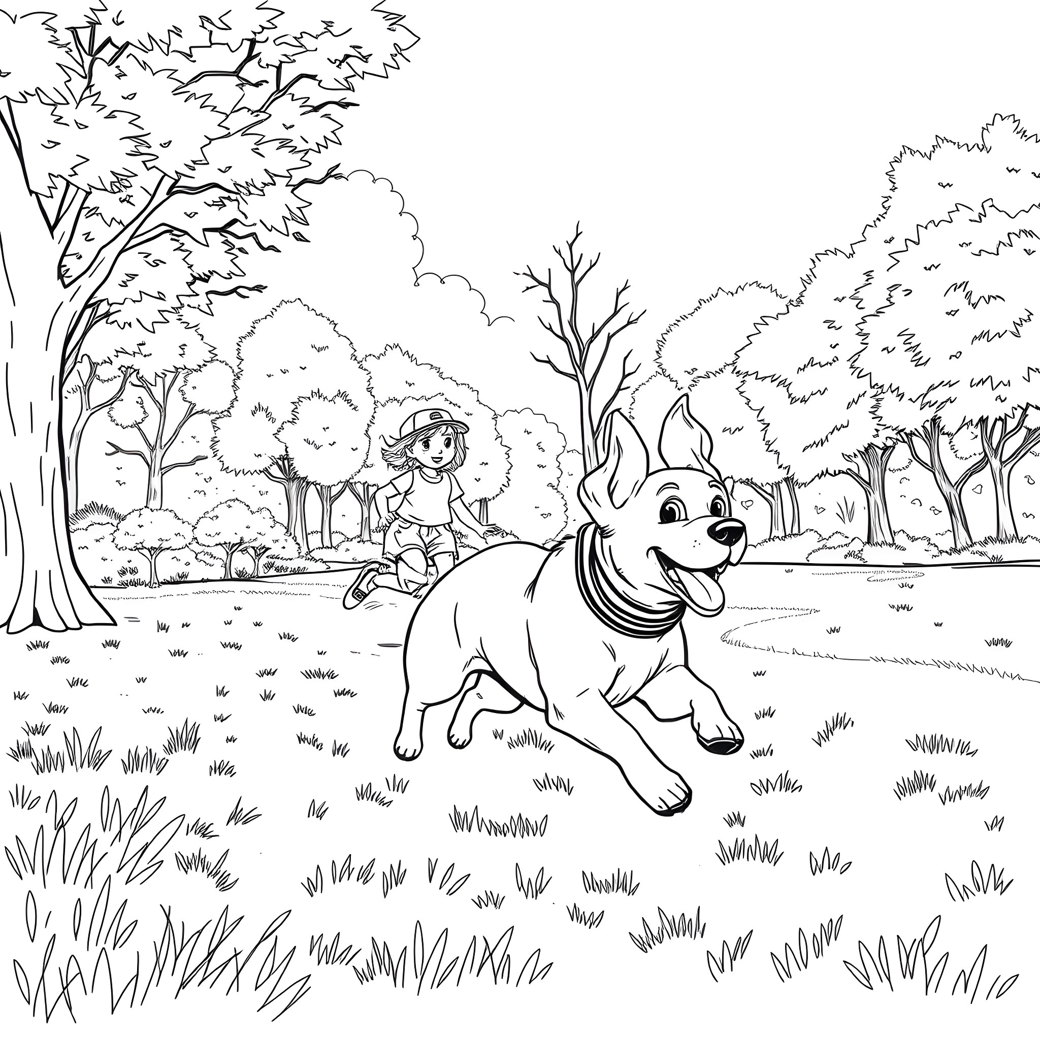 Dog playing happily in the forest with a person Coloring Page (free black-and-white line drawing printable PDF for all, from beginners to advanced learners, including children, teens, adults, and seniors)