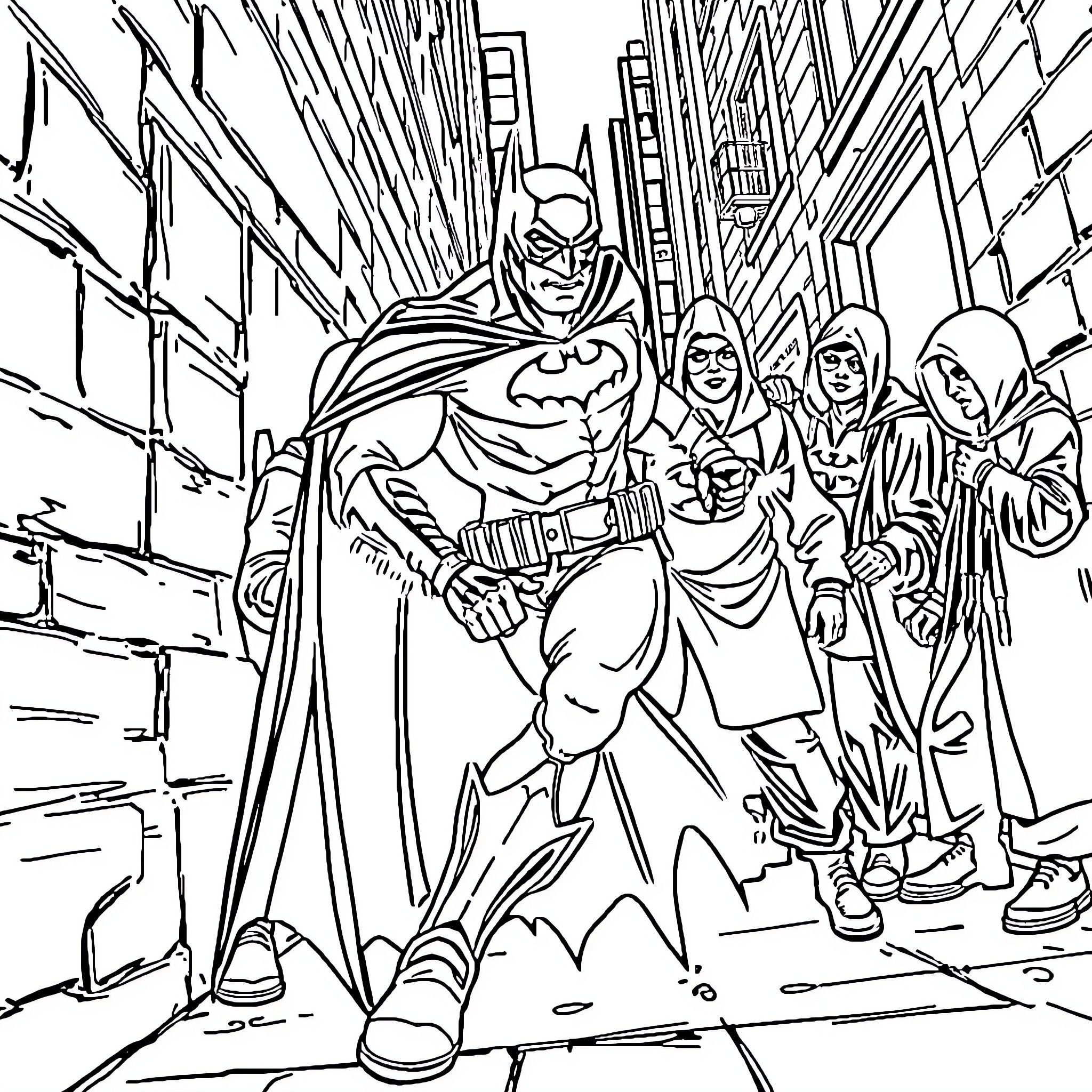 Batman confronting villains in the city Coloring Page (free black-and-white line drawing printable PDF for all, from beginners to advanced learners, including children, teens, adults, and seniors)