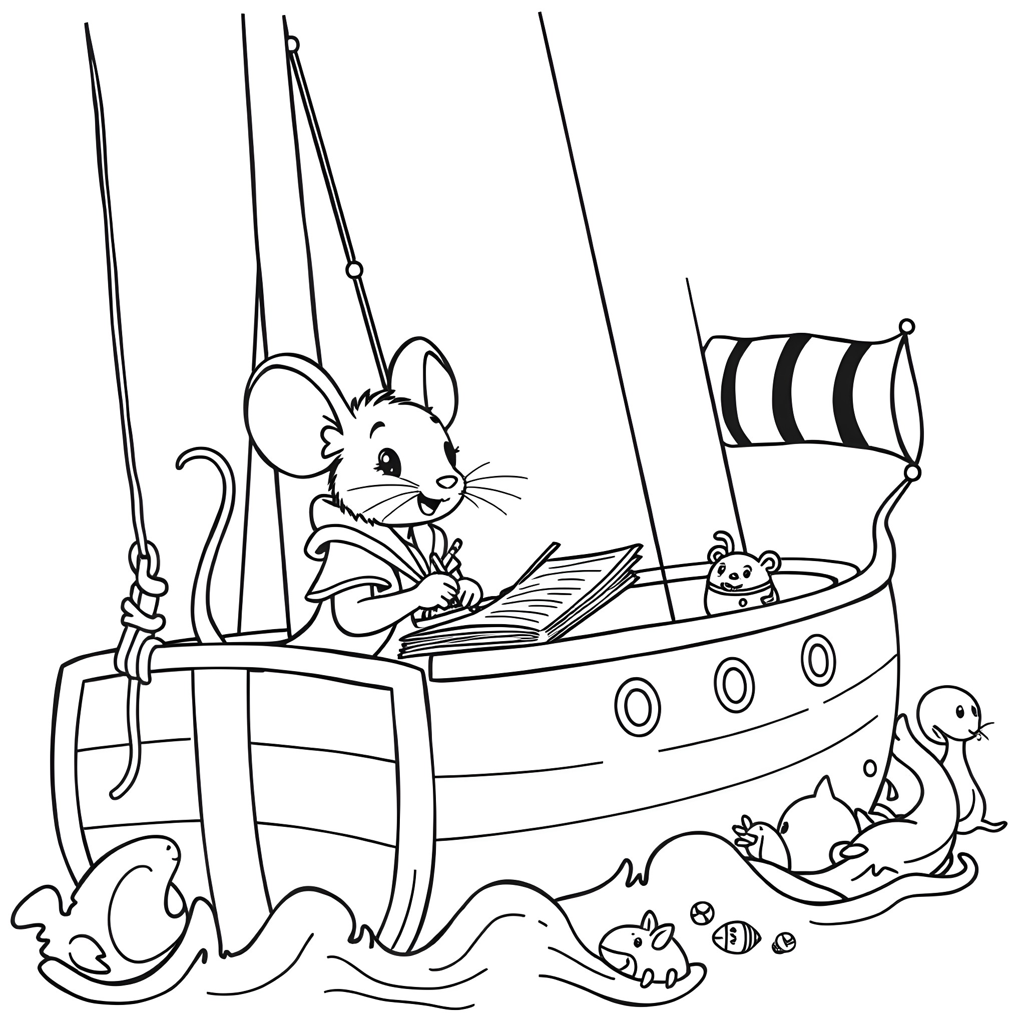 Mouse sailing a pirate ship with sea creatures Coloring Page (free black-and-white line drawing printable PDF for all, from beginners to advanced learners, including children, teens, adults, and seniors)