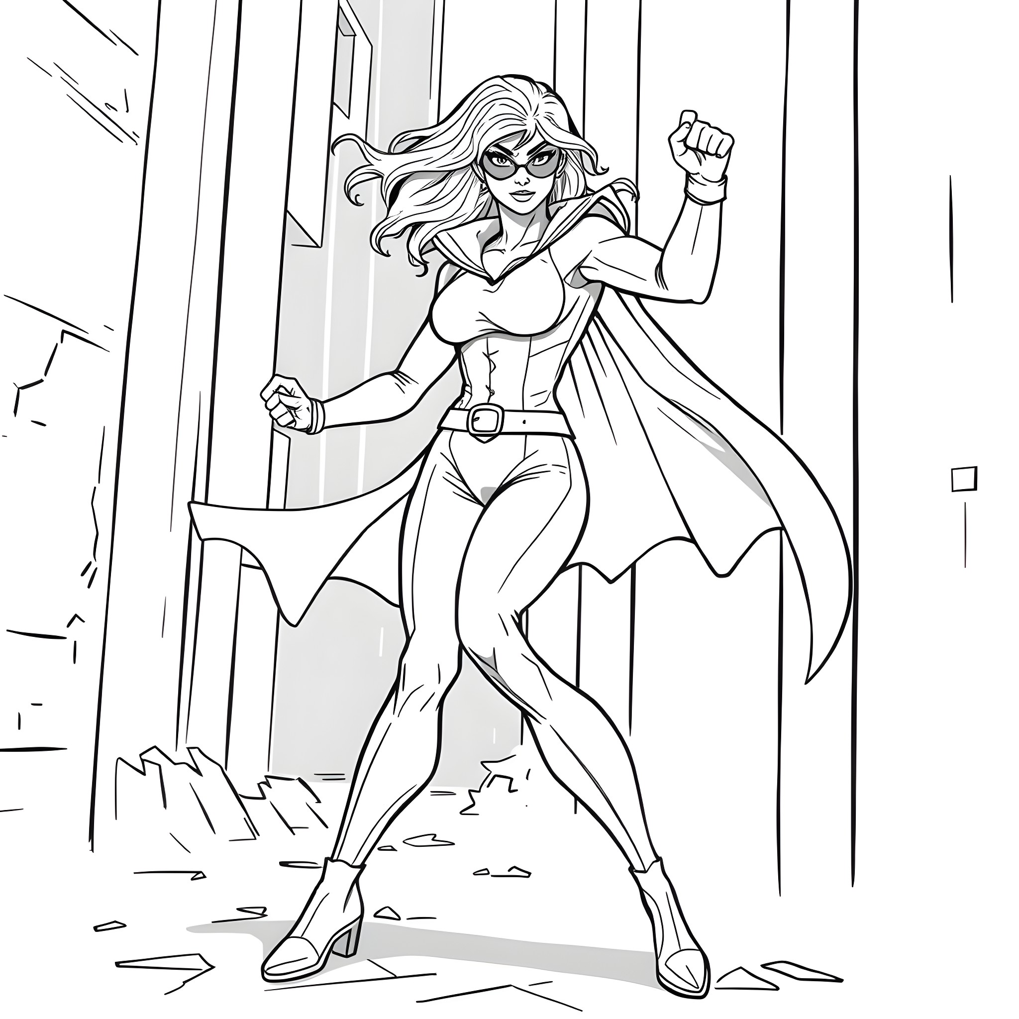 Black Widow heroine in action pose Coloring Page (free black-and-white line drawing printable PDF for all, from beginners to advanced learners, including children, teens, adults, and seniors)