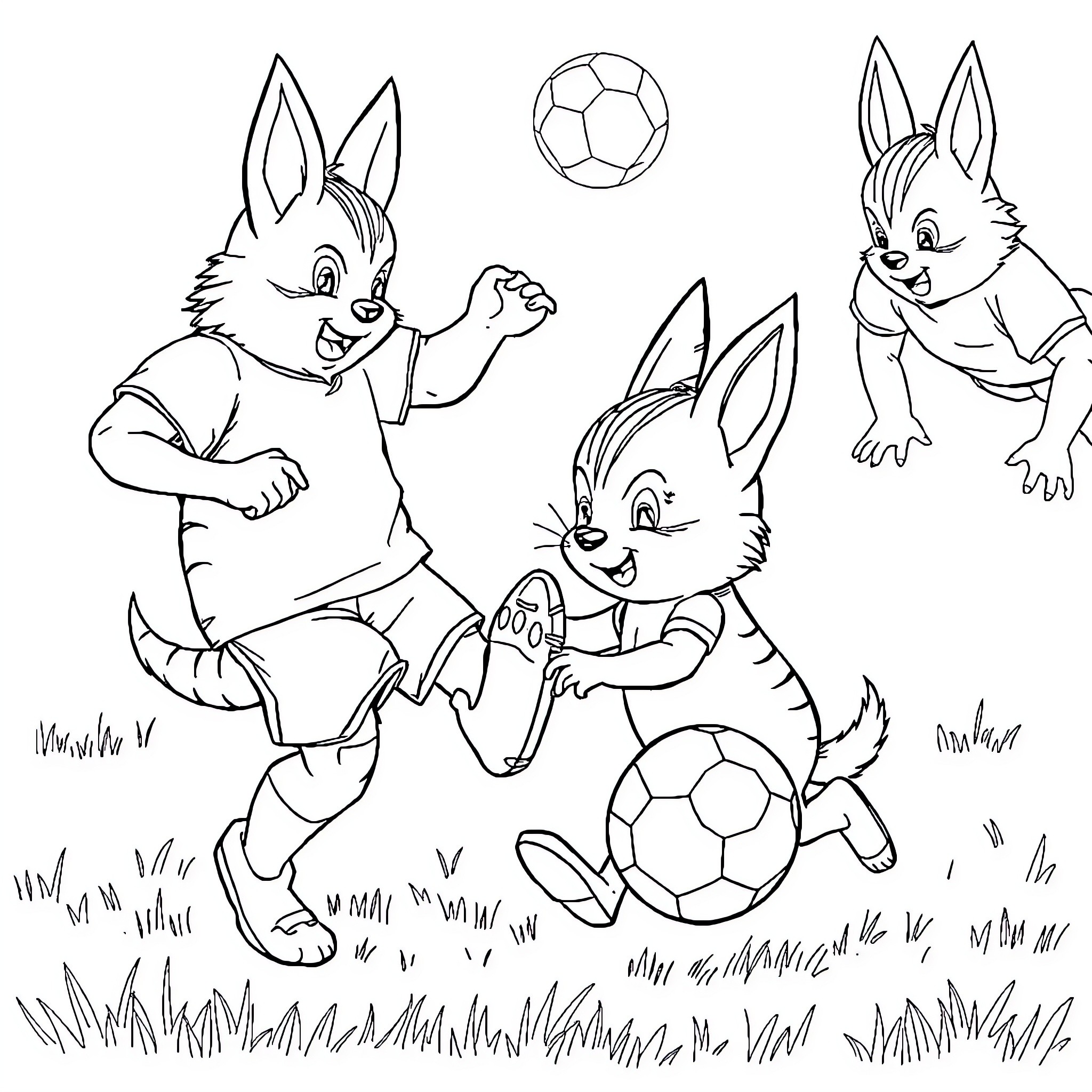 Conejito bunnies playing soccer in the park Coloring Page (free black-and-white line drawing printable PDF for all, from beginners to advanced learners, including children, teens, adults, and seniors)