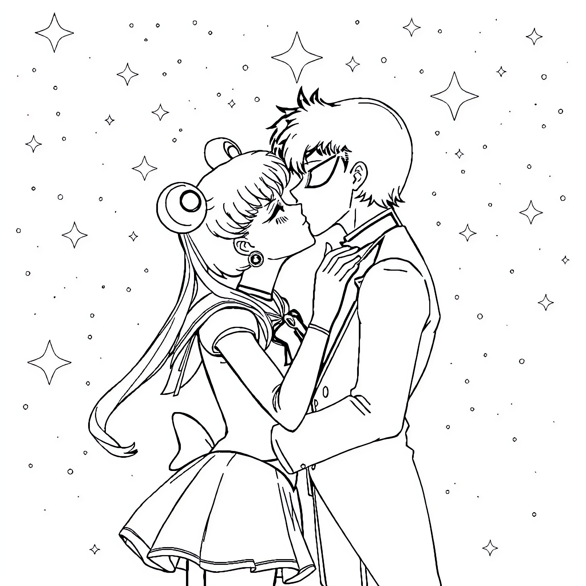 Sailormoon couple sharing a romantic moment under the stars Coloring Page (free black-and-white line drawing printable PDF for all, from beginners to advanced learners, including children, teens, adults, and seniors)