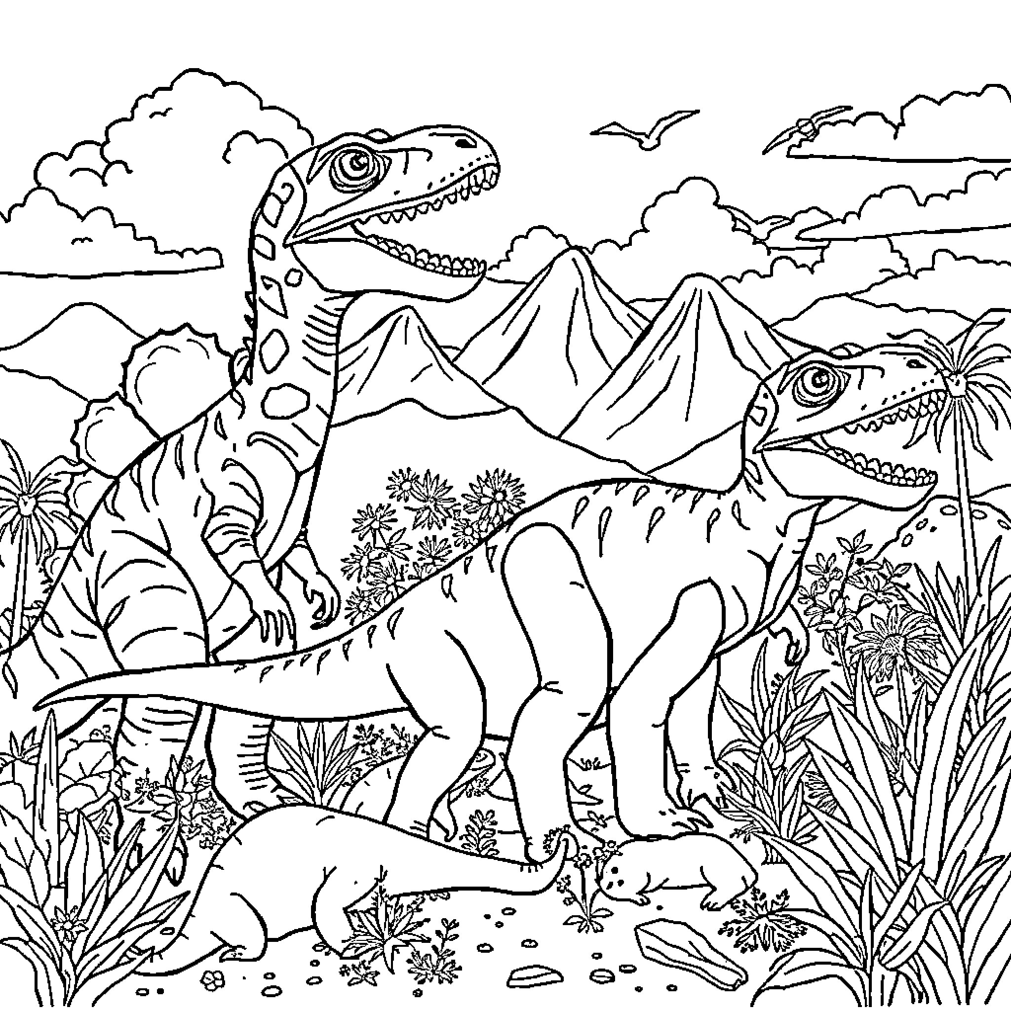 Animals exploring a prehistoric landscape Coloring Page (free black-and-white line drawing printable PDF for all, from beginners to advanced learners, including children, teens, adults, and seniors)