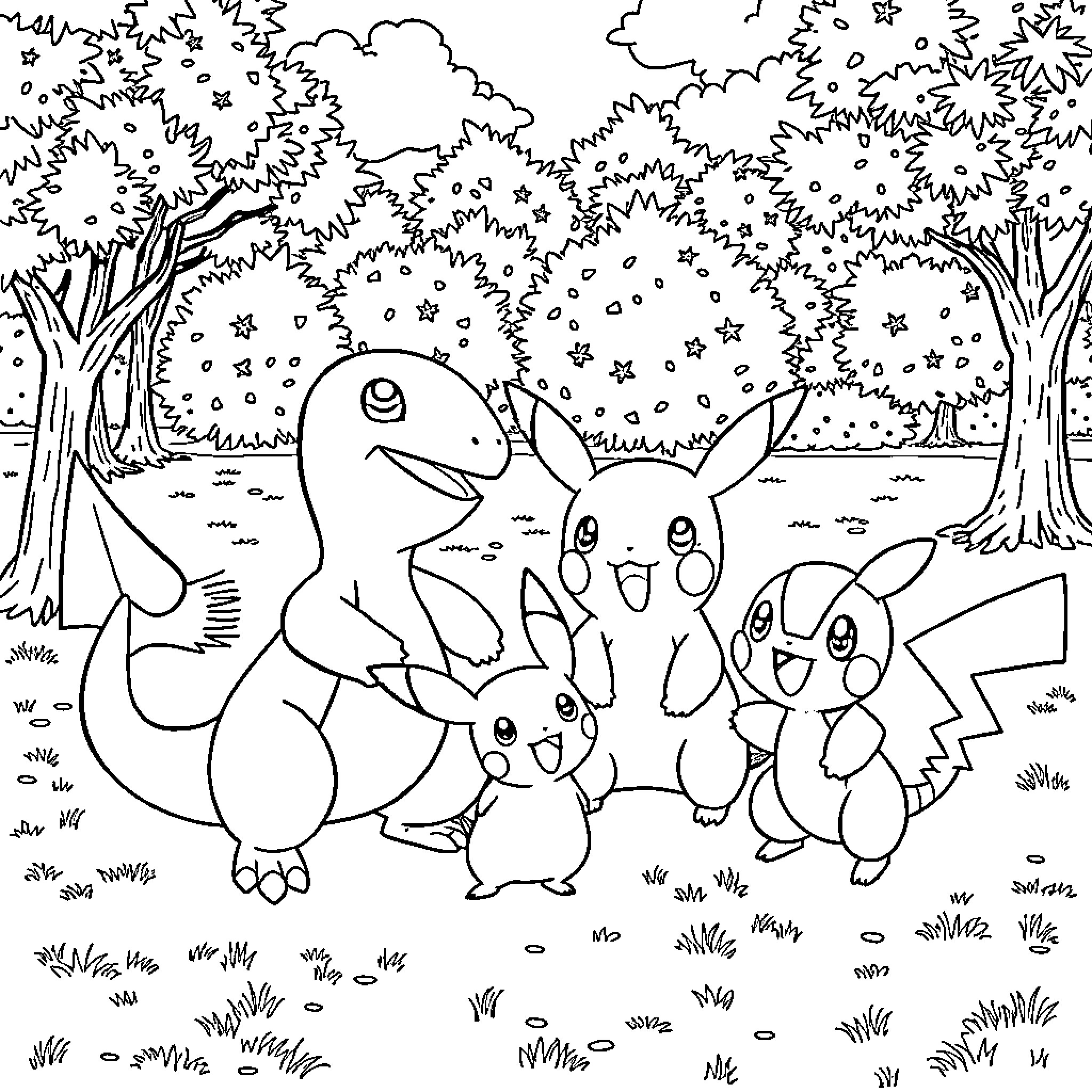 Charmander and Pokemon friends in the forest Coloring Page (free black-and-white line drawing printable PDF for all, from beginners to advanced learners, including children, teens, adults, and seniors)