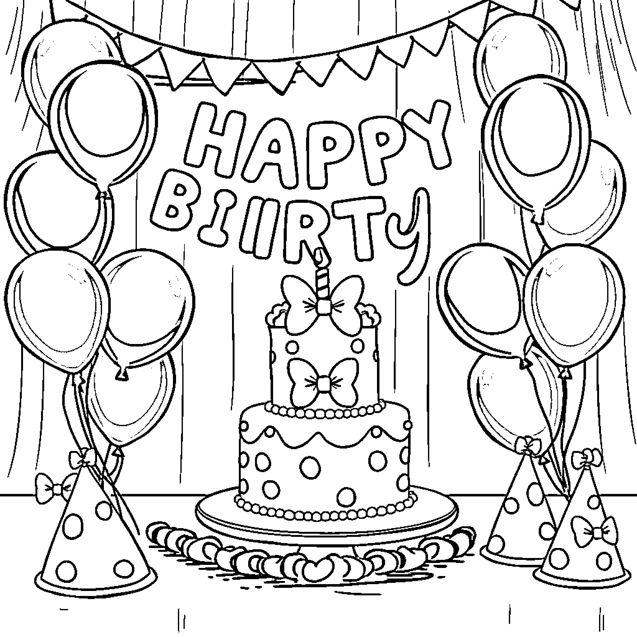 Mini Mouse celebrates Happy Birthday with cake and balloons Coloring Page (free black-and-white line drawing printable PDF for all, from beginners to advanced learners, including children, teens, adults, and seniors)