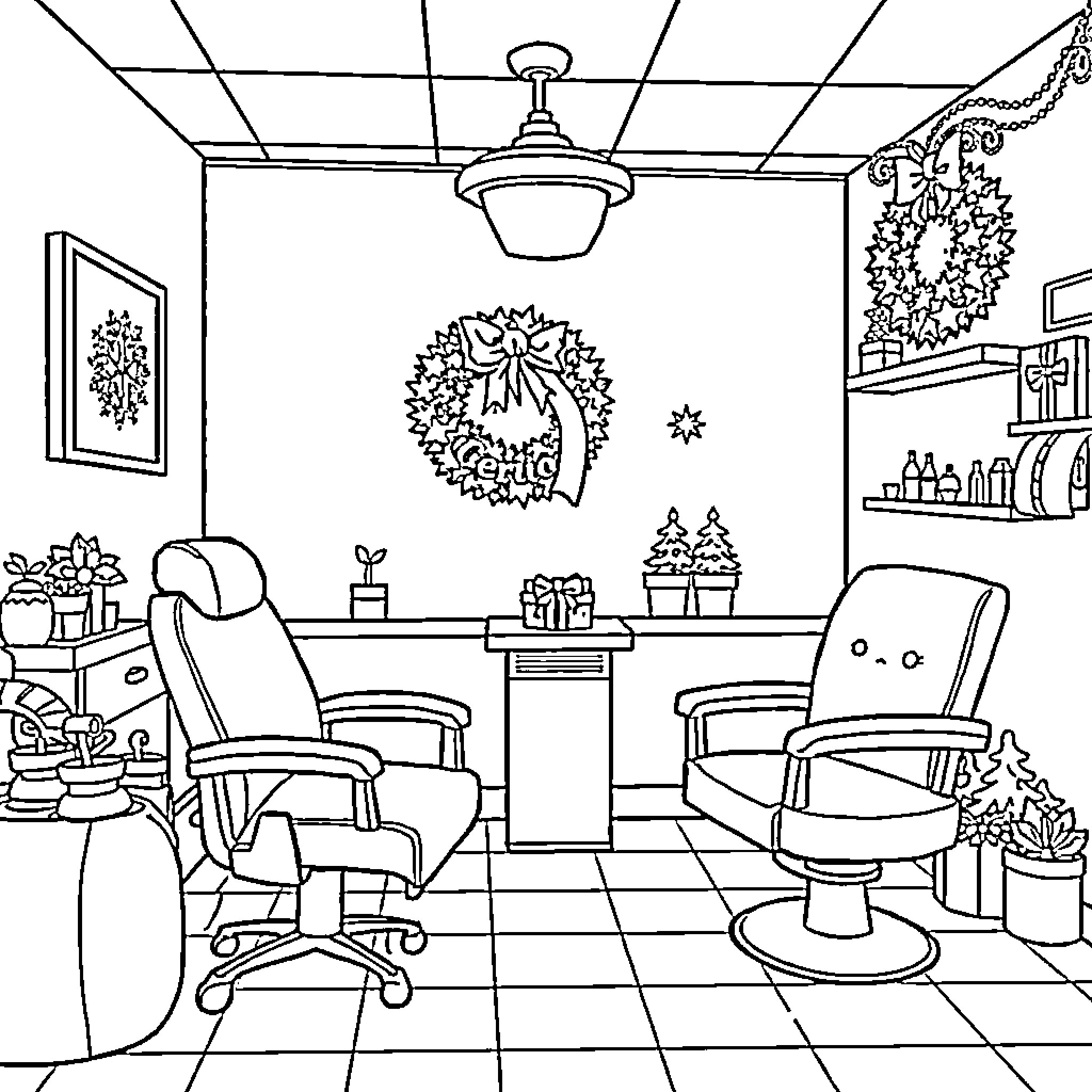 Dentiste's Cozy Holiday Getaway Coloring Page (free black-and-white line drawing printable PDF for all, from beginners to advanced learners, including children, teens, adults, and seniors)