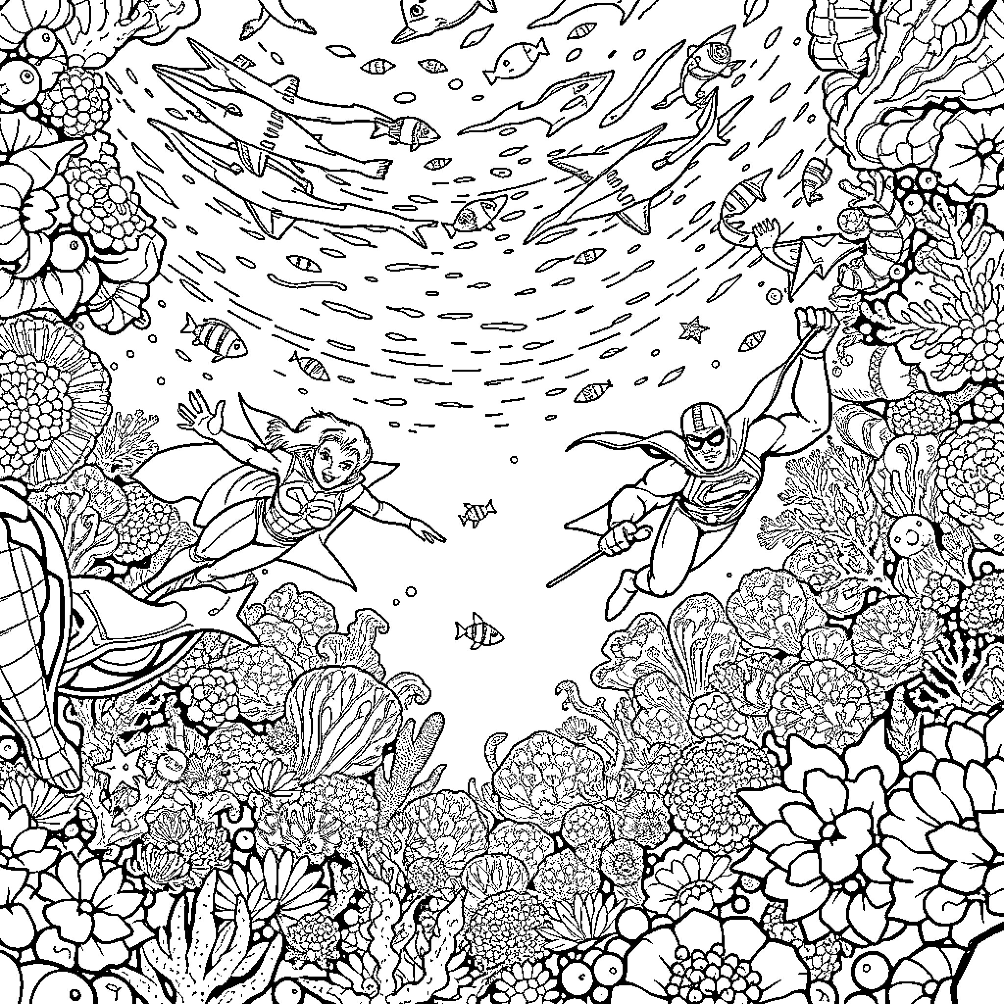 Superhero underwater adventure through coral reef Coloring Page (free black-and-white line drawing printable PDF for all, from beginners to advanced learners, including children, teens, adults, and seniors)