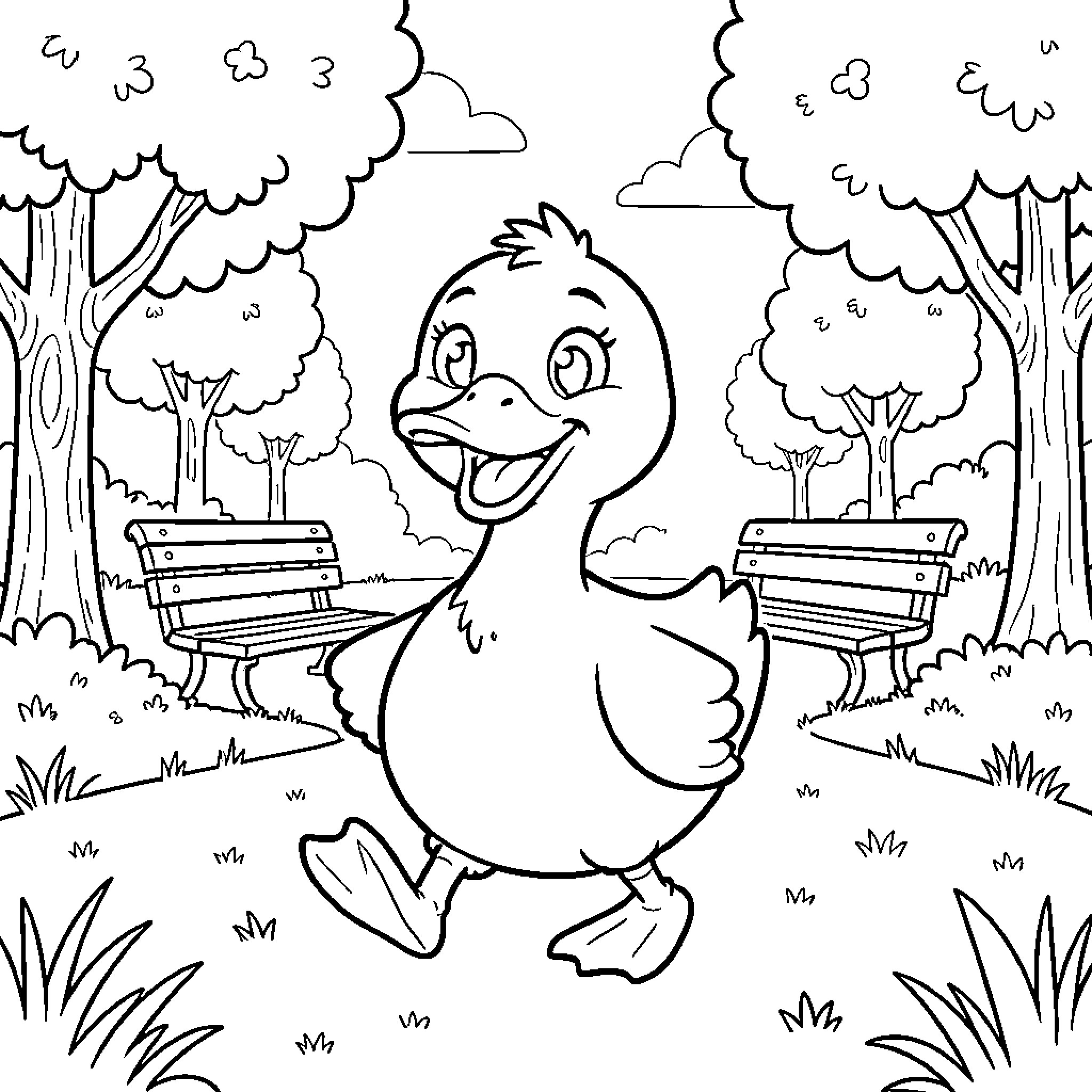 Pato Lucas walking happily through a sunny park Coloring Page (free black-and-white line drawing printable PDF for all, from beginners to advanced learners, including children, teens, adults, and seniors)