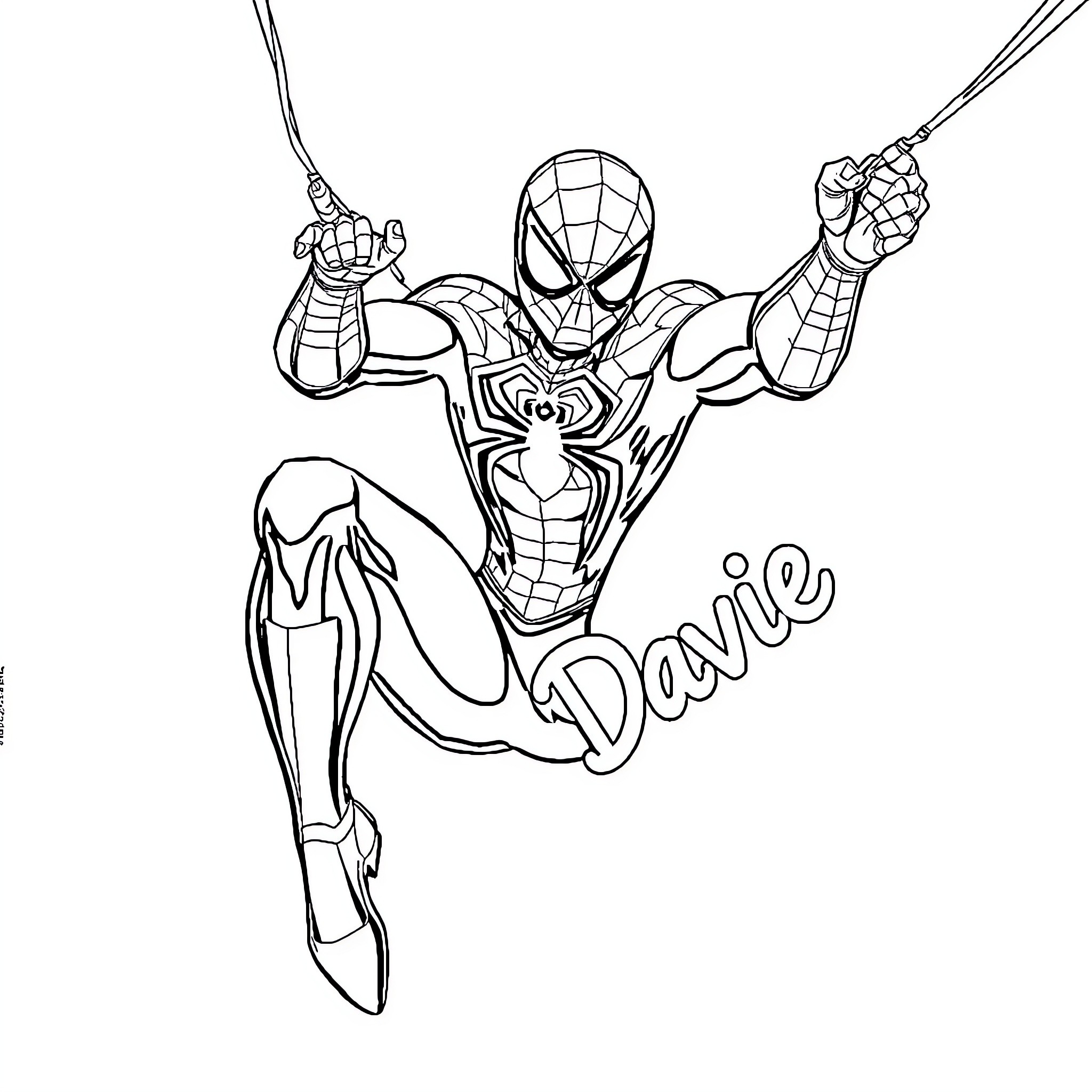 Spider-Man swinging in action with heroic pose Coloring Page (free black-and-white line drawing printable PDF for all, from beginners to advanced learners, including children, teens, adults, and seniors)