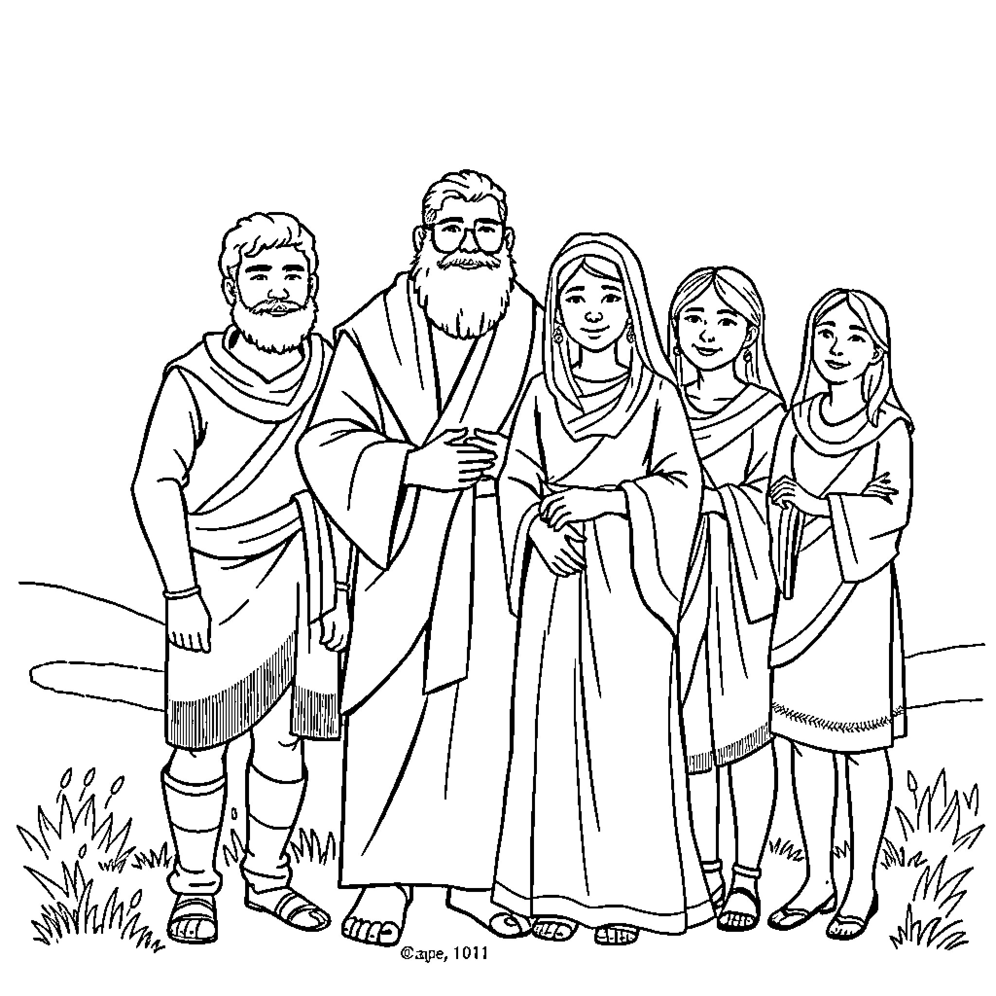 Noah's Family Gathering in Traditional Attire Coloring Page (free black-and-white line drawing printable PDF for all, from beginners to advanced learners, including children, teens, adults, and seniors)