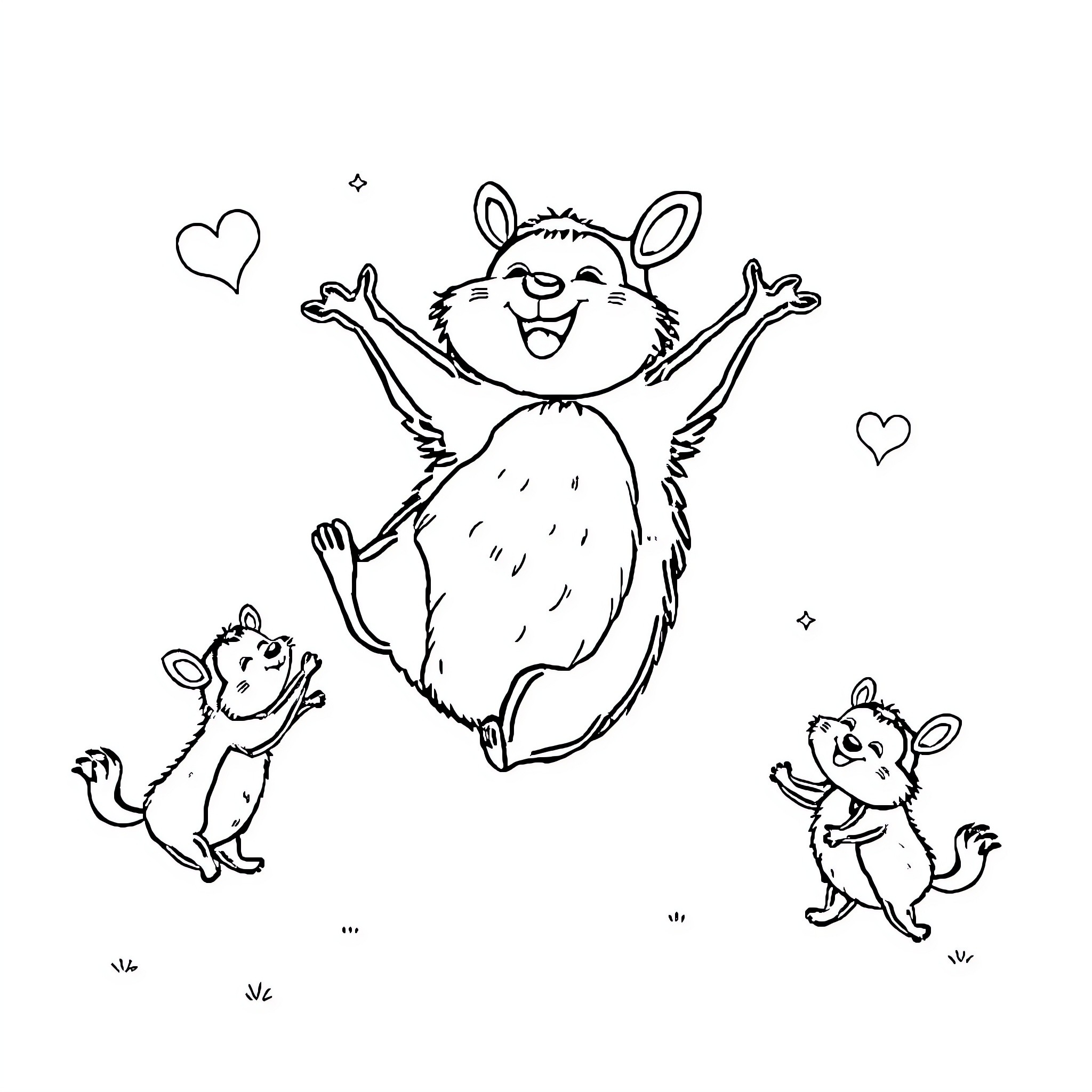 Kangaroo family playing joyfully in the wild Coloring Page (free black-and-white line drawing printable PDF for all, from beginners to advanced learners, including children, teens, adults, and seniors)