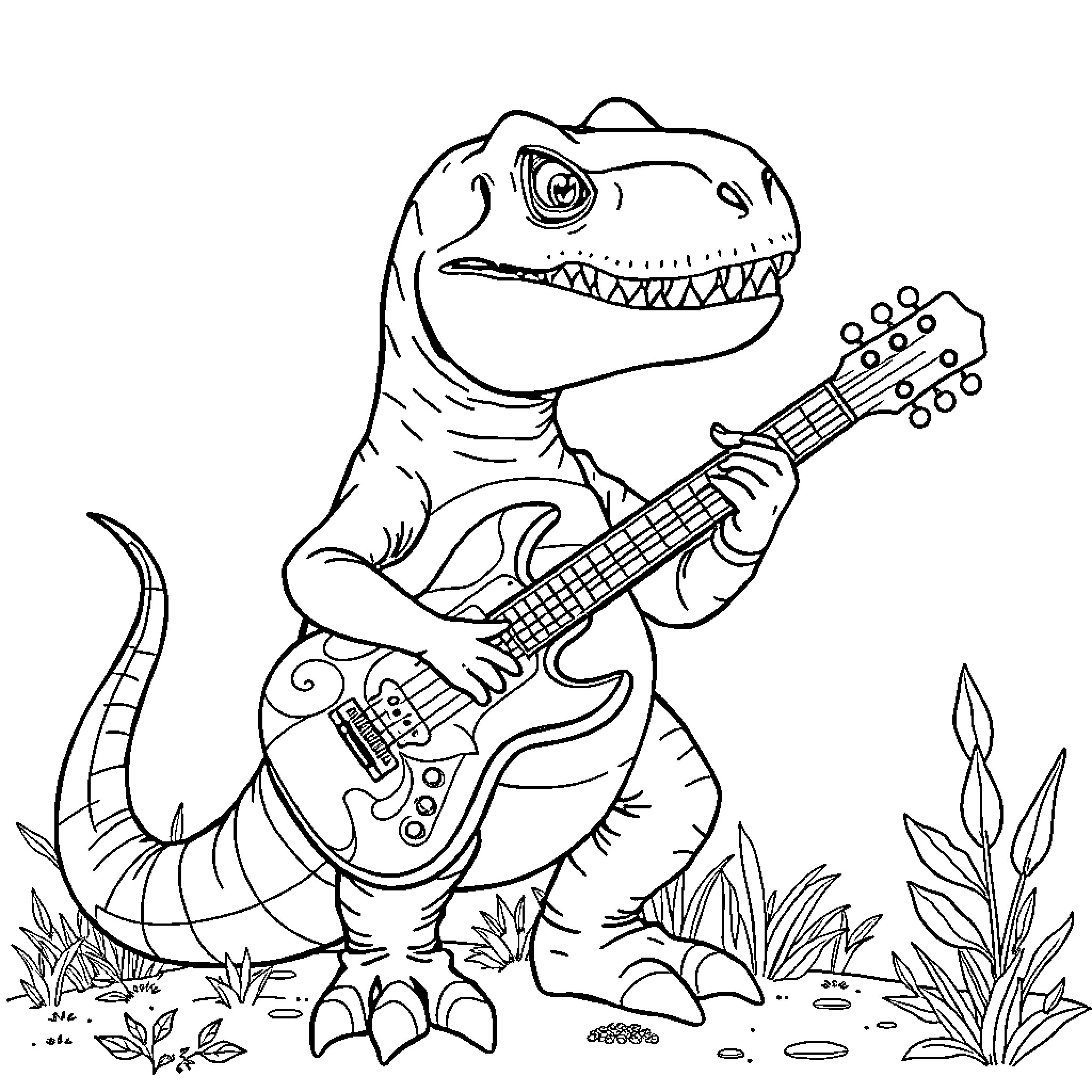 T-Rex Rocking Out with Guitar in Nature Coloring Page (free black-and-white line drawing printable PDF for all, from beginners to advanced learners, including children, teens, adults, and seniors)