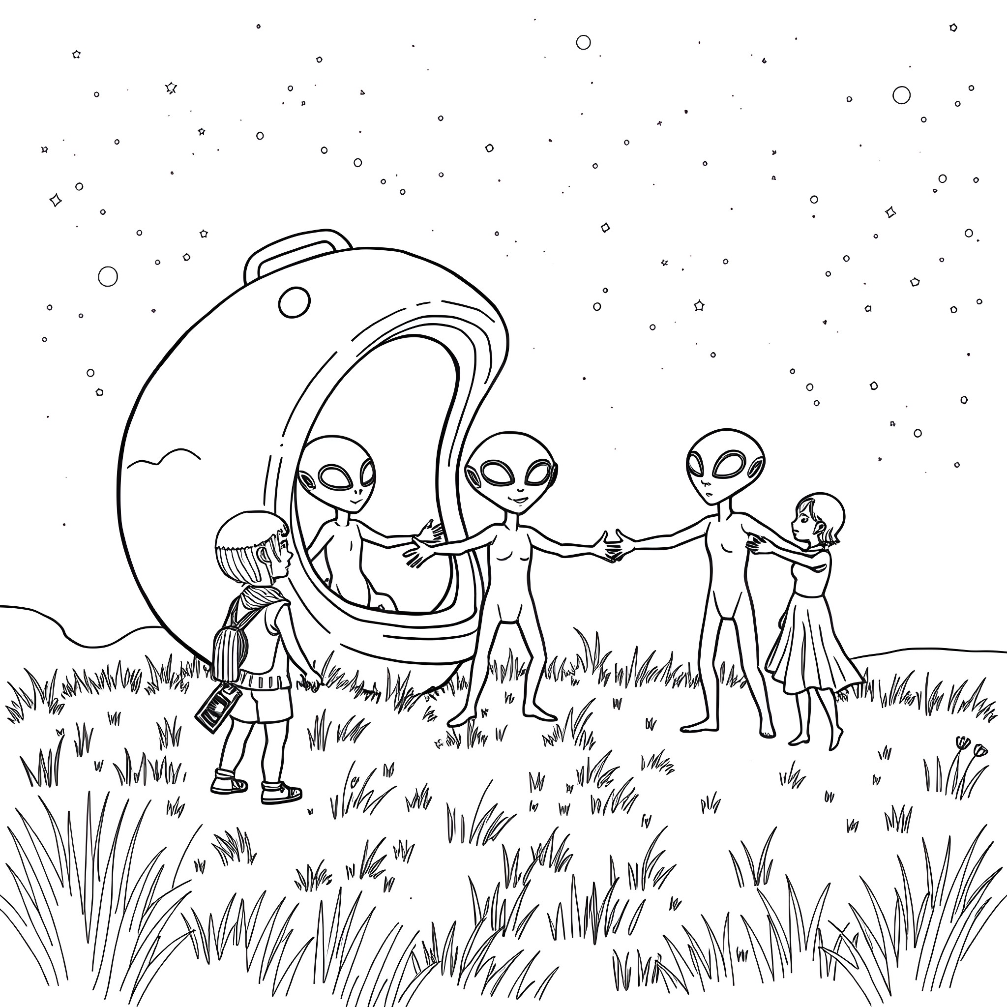 Alien family exploring mysterious spacecraft in the field Coloring Page (free black-and-white line drawing printable PDF for all, from beginners to advanced learners, including children, teens, adults, and seniors)