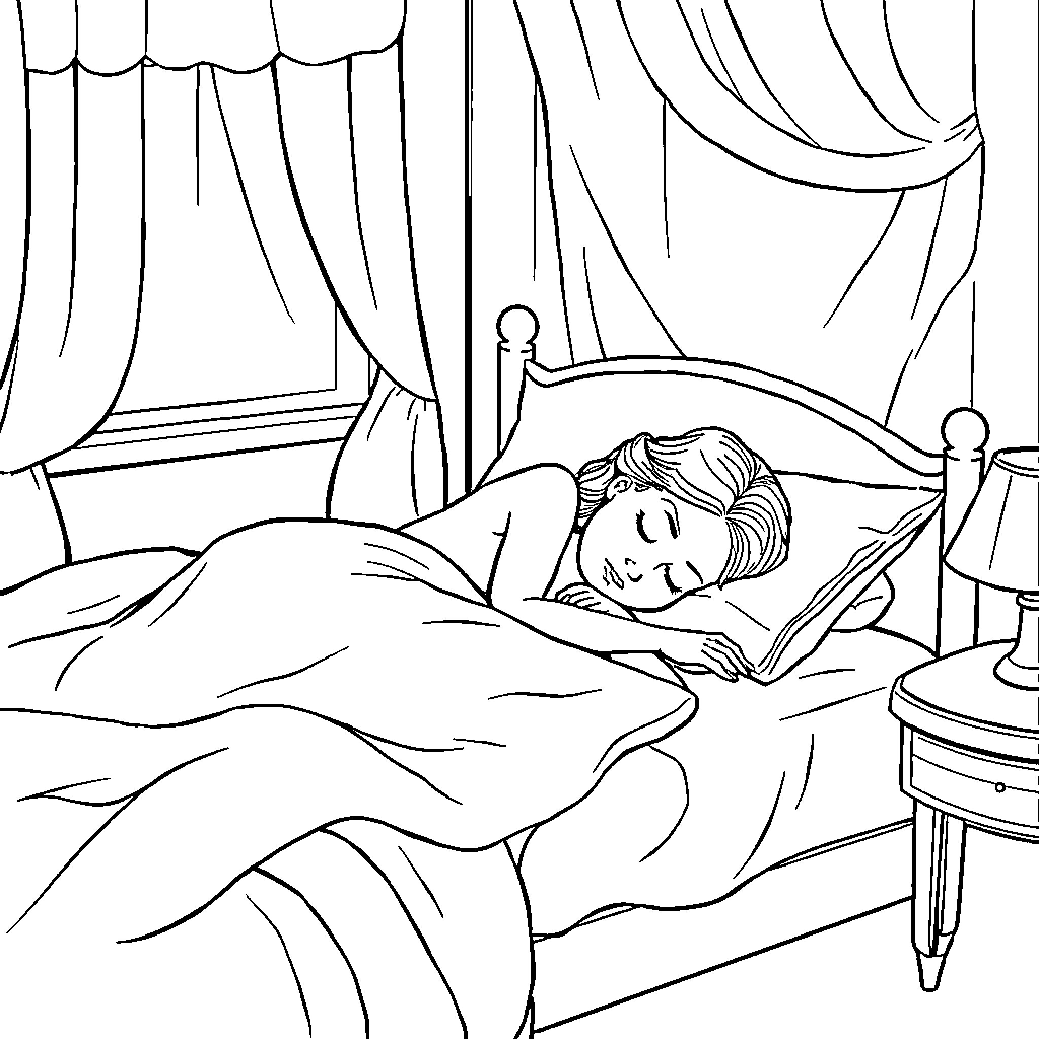 Sleeping Beauty resting peacefully in her bedroom Coloring Page (free black-and-white line drawing printable PDF for all, from beginners to advanced learners, including children, teens, adults, and seniors)
