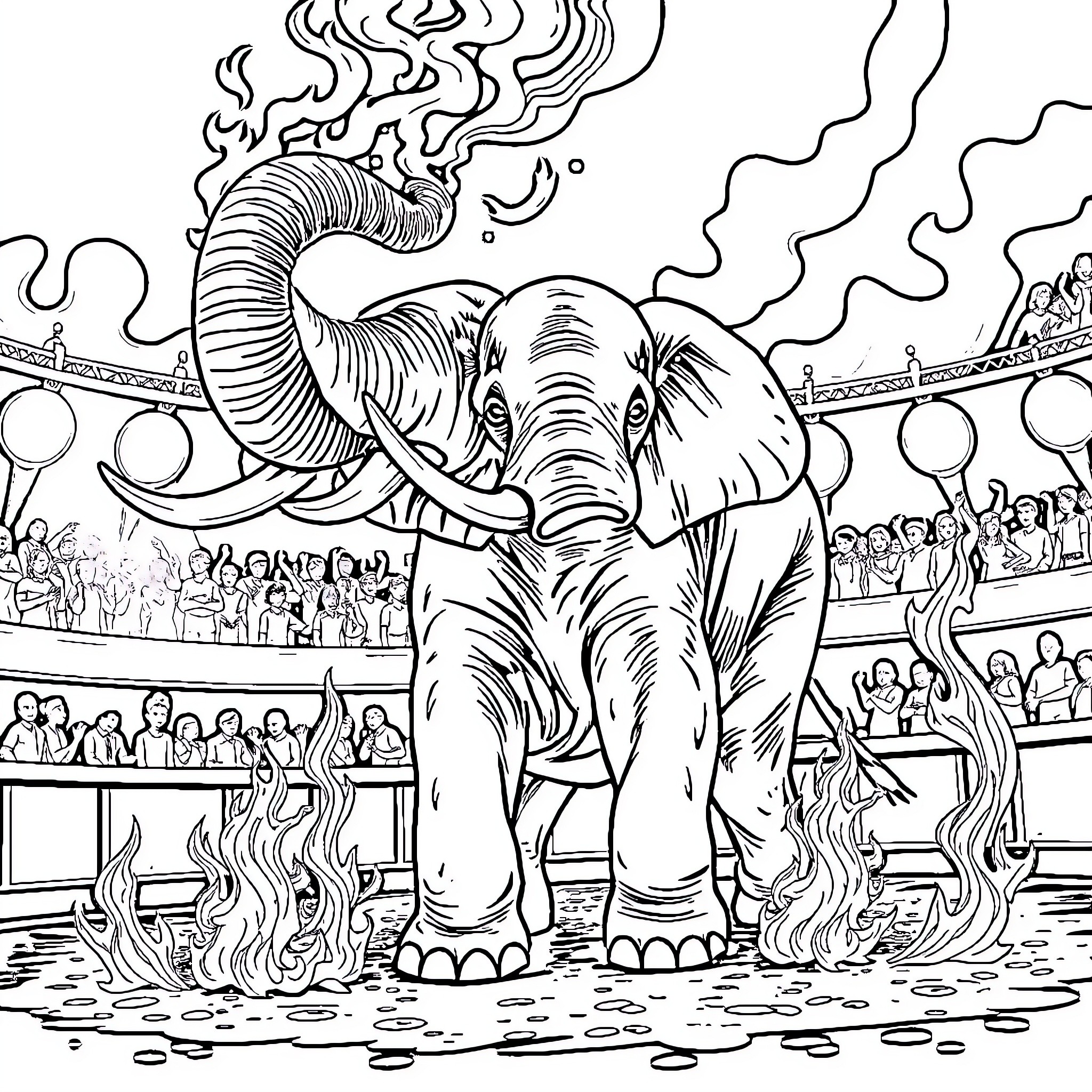 Elephant performing in a circus arena Coloring Page (free black-and-white line drawing printable PDF for all, from beginners to advanced learners, including children, teens, adults, and seniors)
