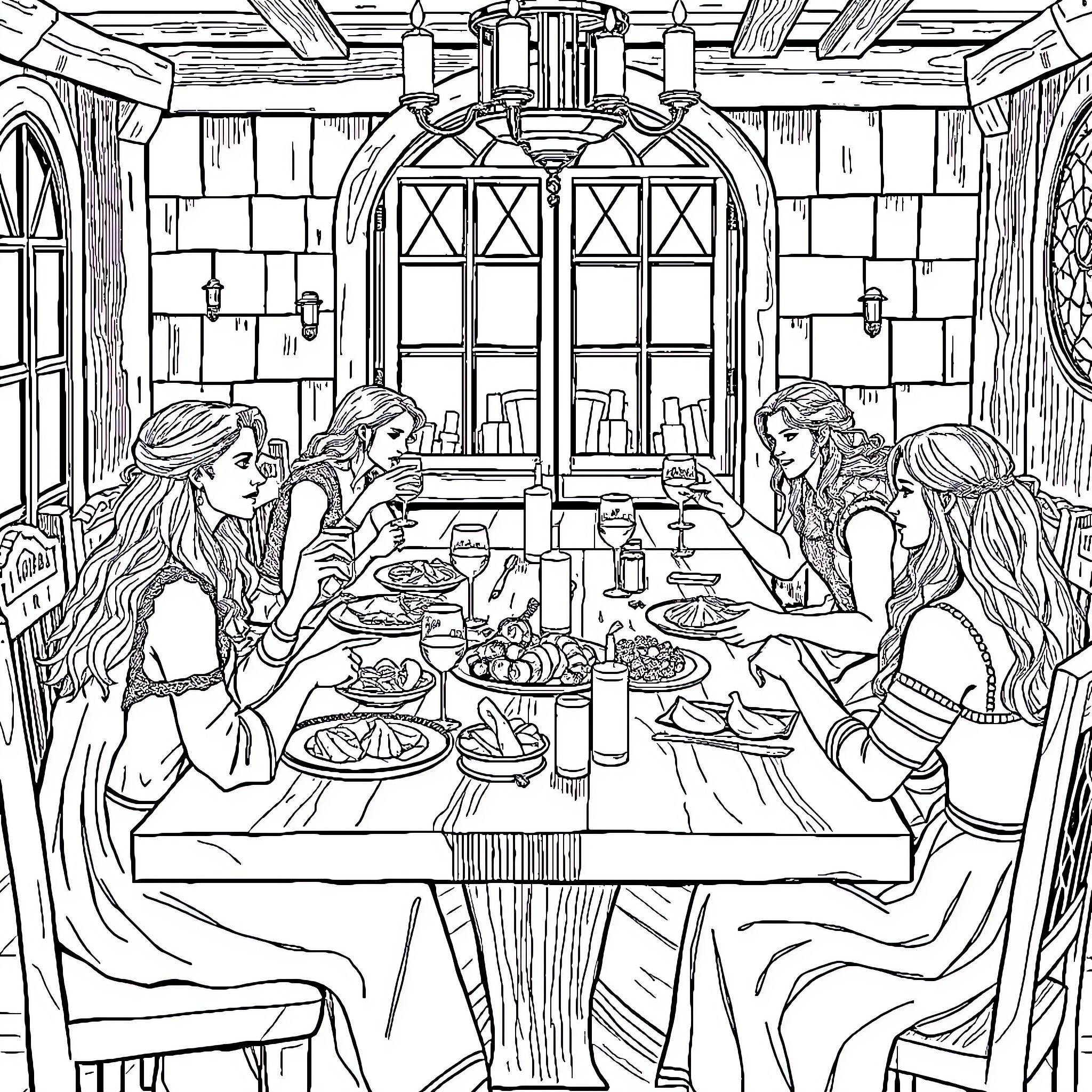 Feyre and friends gather for a celebratory meal Coloring Page (free black-and-white line drawing printable PDF for all, from beginners to advanced learners, including children, teens, adults, and seniors)