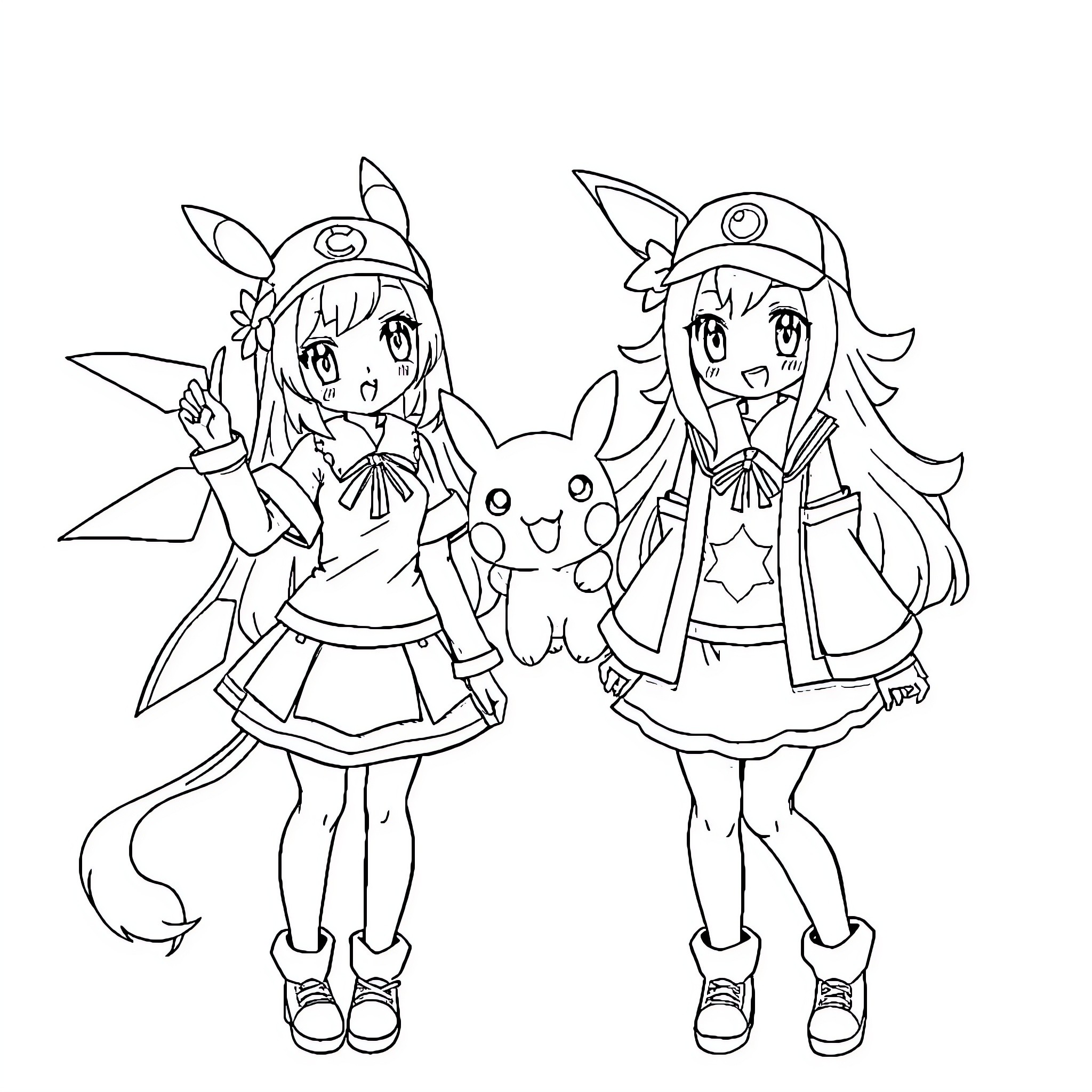Pokémon Trainers Posing with Pikachu Coloring Page (free black-and-white line drawing printable PDF for all, from beginners to advanced learners, including children, teens, adults, and seniors)