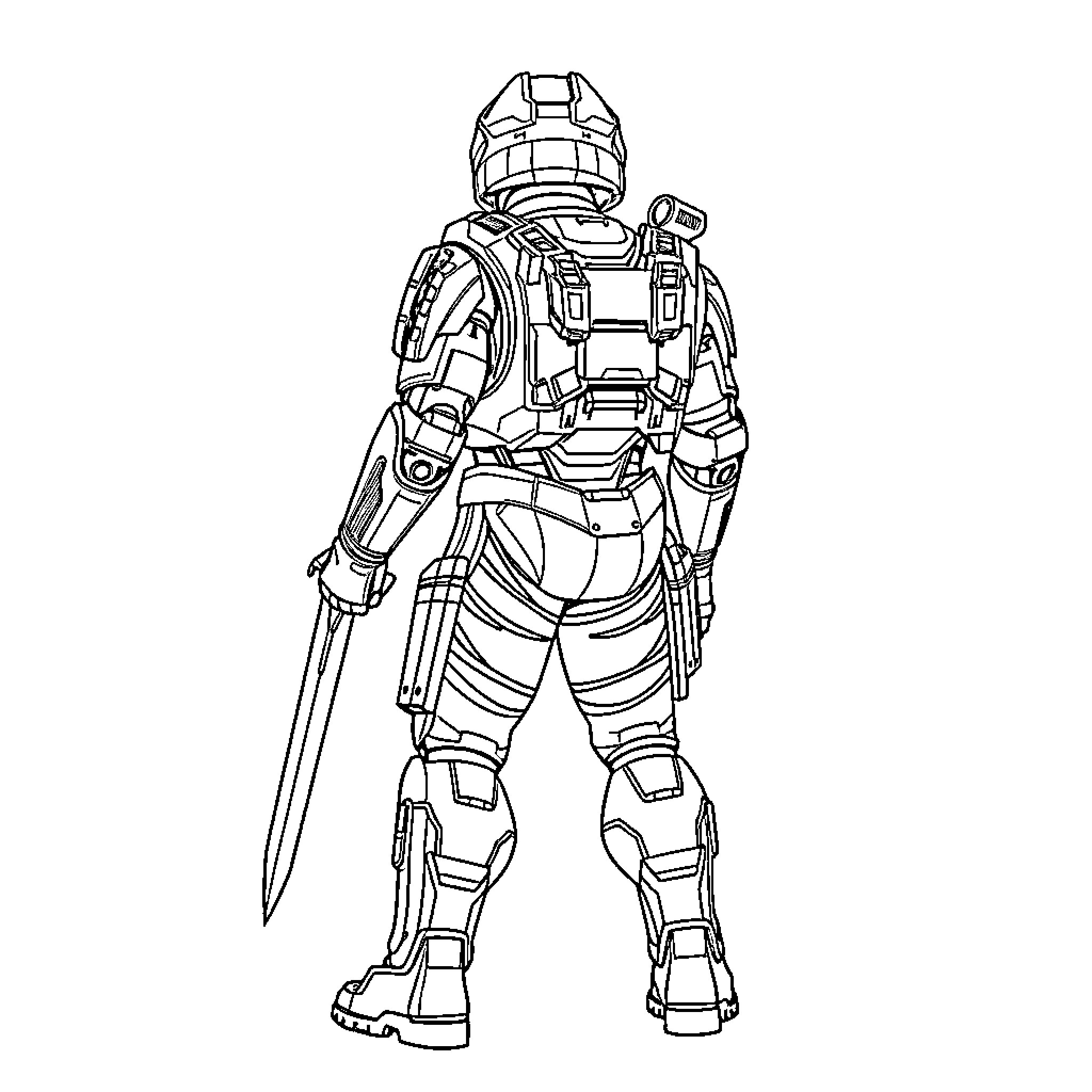 Master Chief in battle-ready posture Coloring Page (free black-and-white line drawing printable PDF for all, from beginners to advanced learners, including children, teens, adults, and seniors)