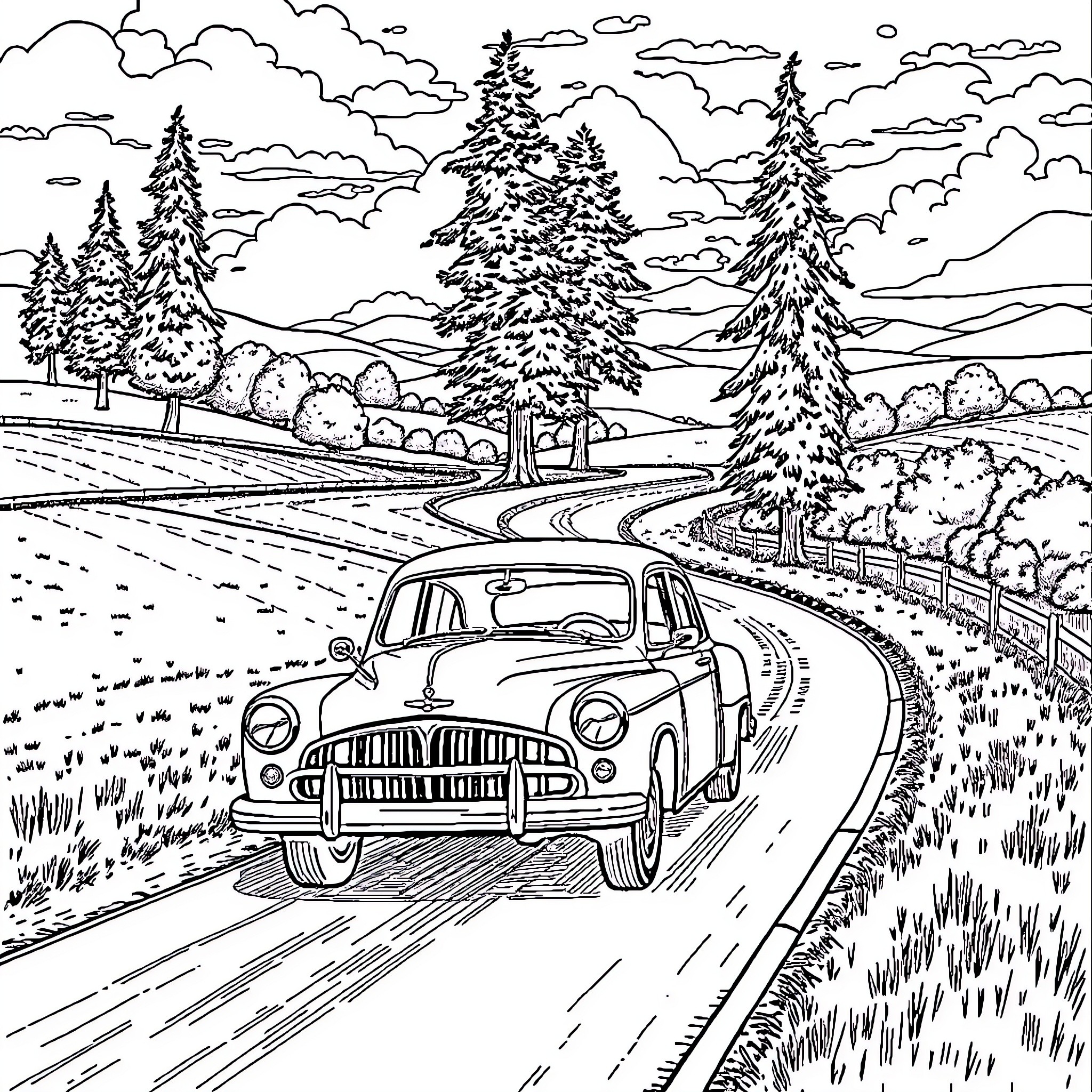 Car driving through scenic countryside landscape Coloring Page (free black-and-white line drawing printable PDF for all, from beginners to advanced learners, including children, teens, adults, and seniors)