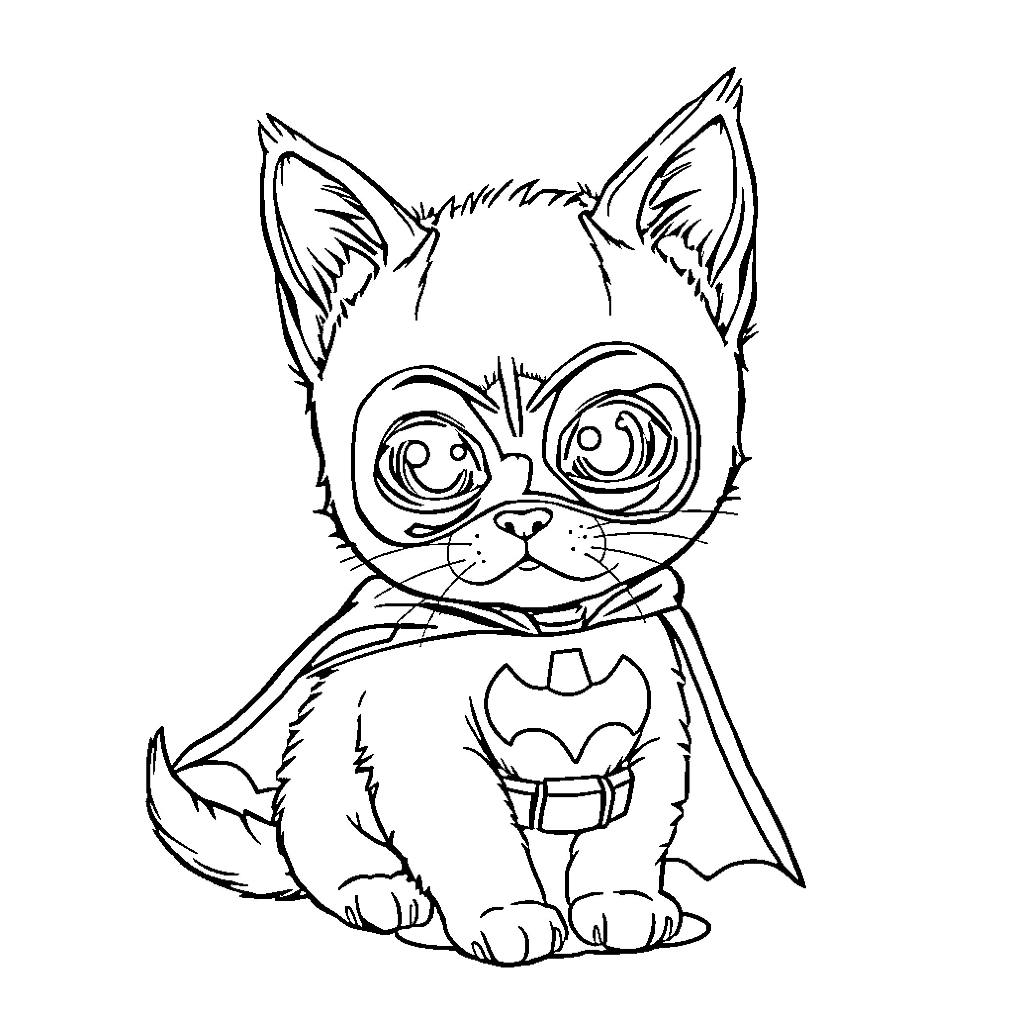 Kitten dressed as a superhero Coloring Page (free black-and-white line drawing printable PDF for all, from beginners to advanced learners, including children, teens, adults, and seniors)