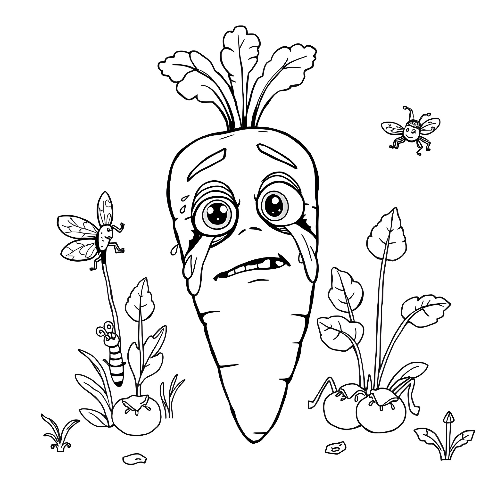 Carrot character surrounded by playful insects Coloring Page (free black-and-white line drawing printable PDF for all, from beginners to advanced learners, including children, teens, adults, and seniors)