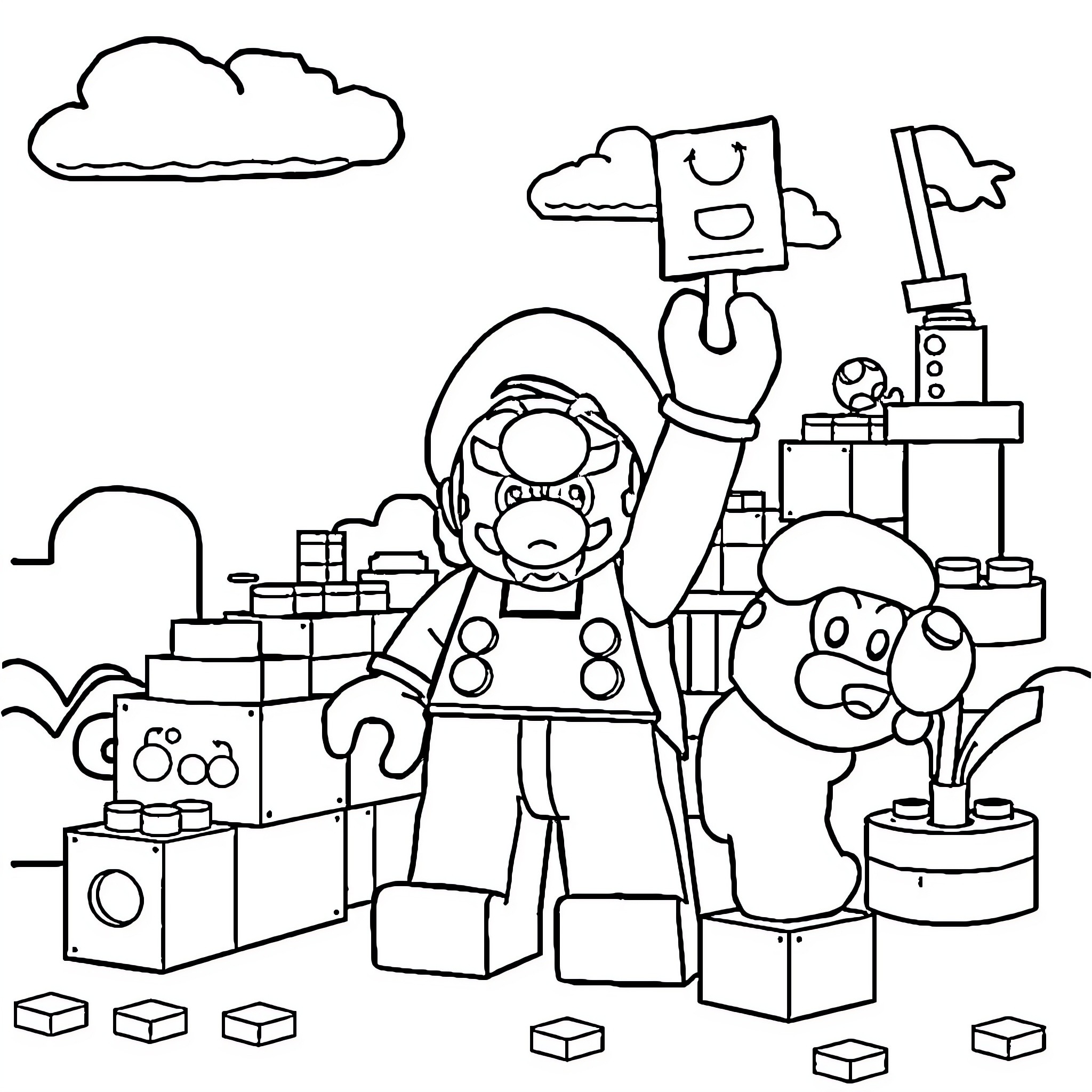 Mario Building Toys in Playroom Coloring Page (free black-and-white line drawing printable PDF for all, from beginners to advanced learners, including children, teens, adults, and seniors)