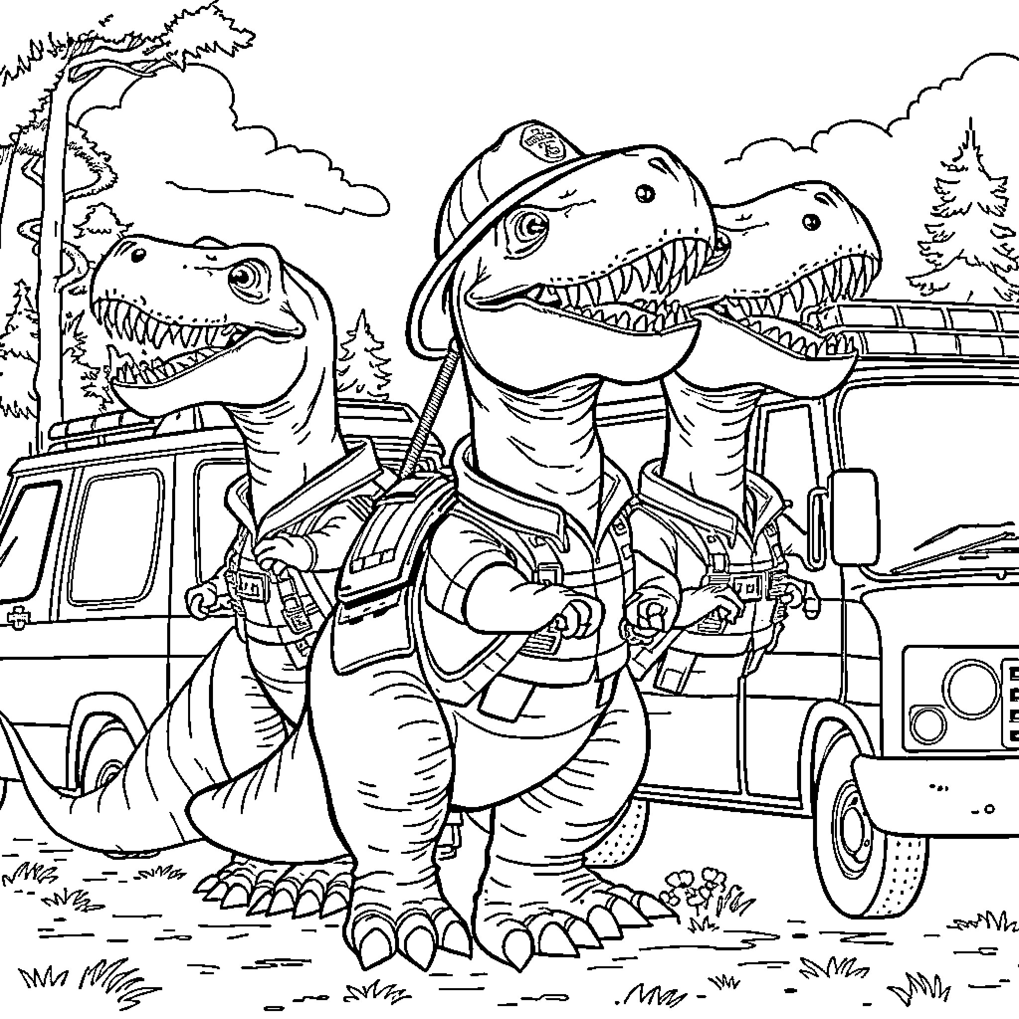 Dinosaur Park Rangers Investigate Wilderness Area Coloring Page (free black-and-white line drawing printable PDF for all, from beginners to advanced learners, including children, teens, adults, and seniors)