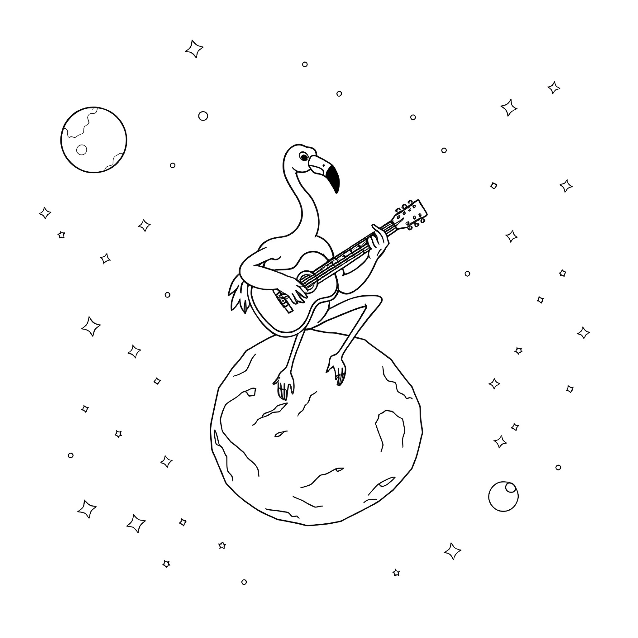 Flamingo Playing Guitar on the Planet Coloring Page (free black-and-white line drawing printable PDF for all, from beginners to advanced learners, including children, teens, adults, and seniors)