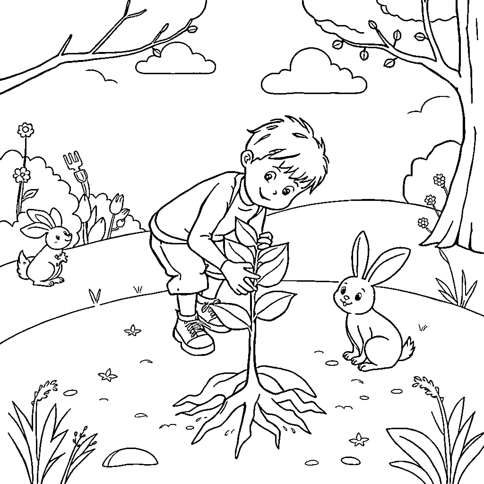 Tree and the Boy Planting Seedling in the Forest Coloring Page (free black-and-white line drawing printable PDF for all, from beginners to advanced learners, including children, teens, adults, and seniors)