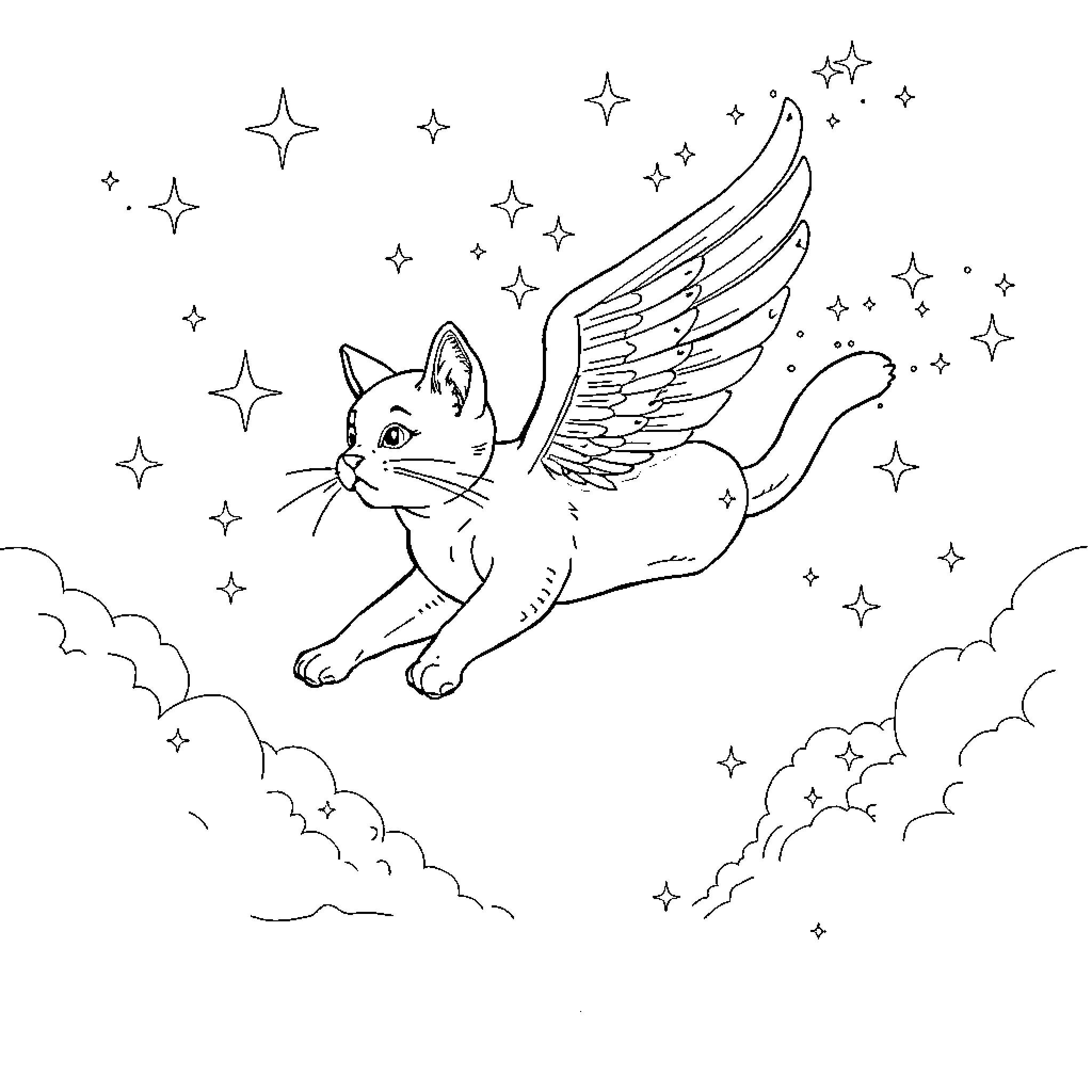 Flying Cat Soaring through Starry Night Sky Coloring Page (free black-and-white line drawing printable PDF for all, from beginners to advanced learners, including children, teens, adults, and seniors)