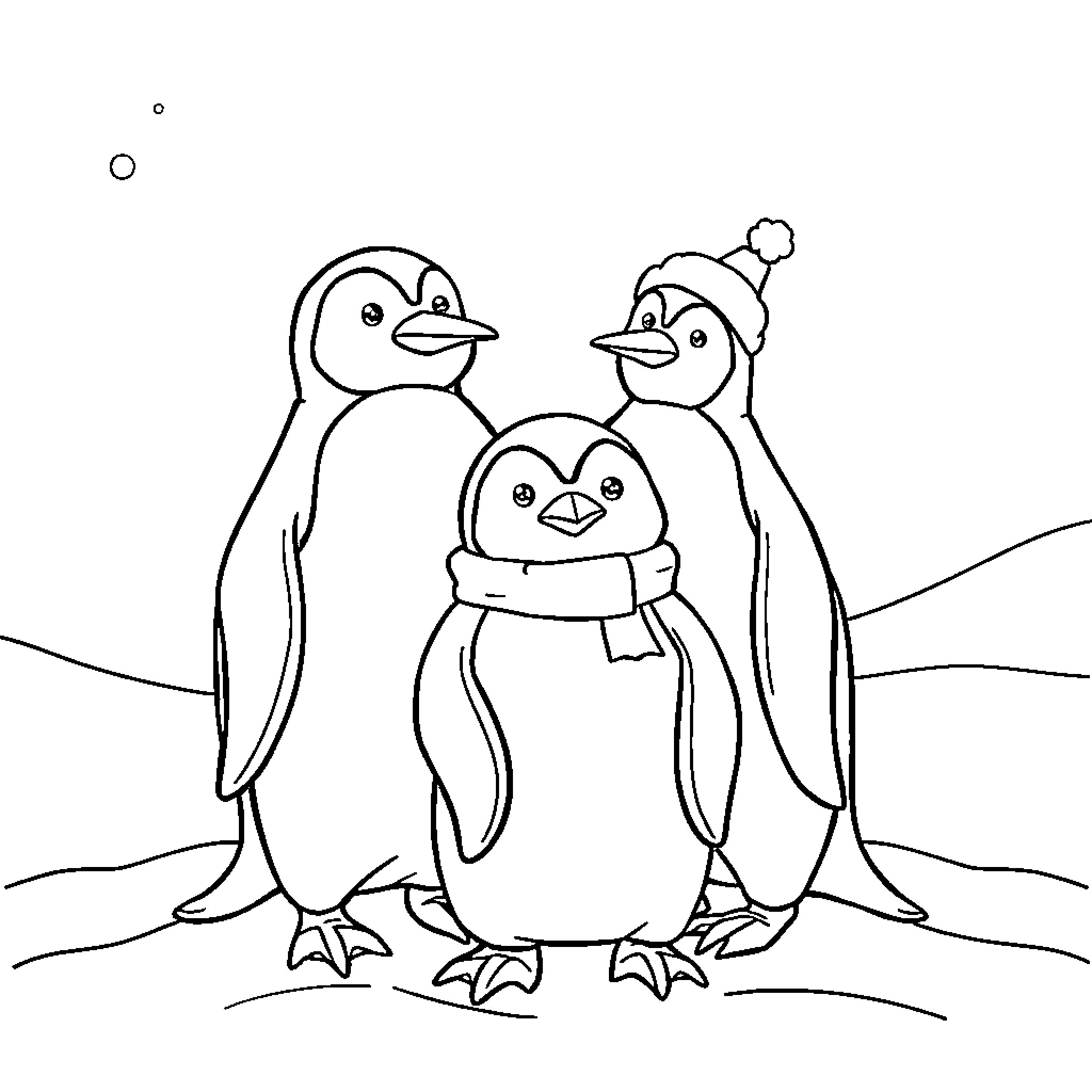Penguin family posing together in the snow Coloring Page (free black-and-white line drawing printable PDF for all, from beginners to advanced learners, including children, teens, adults, and seniors)