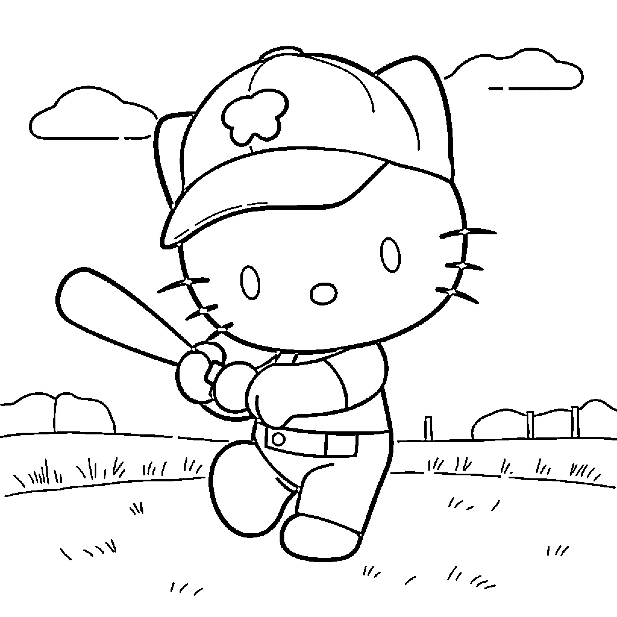 Hello Kitty Goes Hiking in the Countryside Coloring Page (free black-and-white line drawing printable PDF for all, from beginners to advanced learners, including children, teens, adults, and seniors)