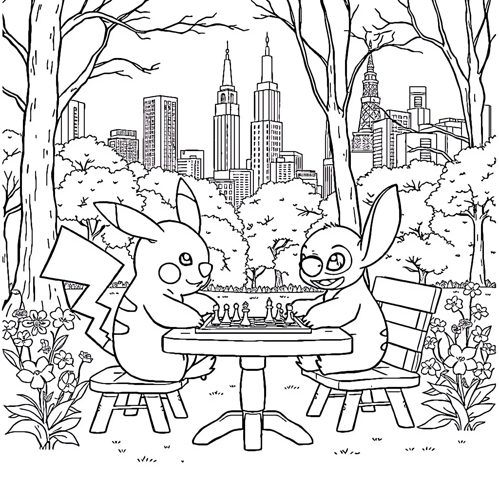 Pikachu Enjoying a Picnic in the City Coloring Page (free black-and-white line drawing printable PDF for all, from beginners to advanced learners, including children, teens, adults, and seniors)