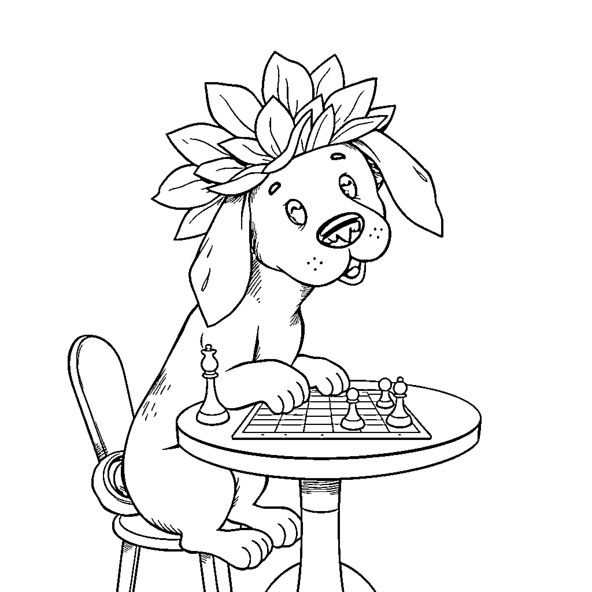 Dog playing chess with floral crown Coloring Page (free black-and-white line drawing printable PDF for all, from beginners to advanced learners, including children, teens, adults, and seniors)