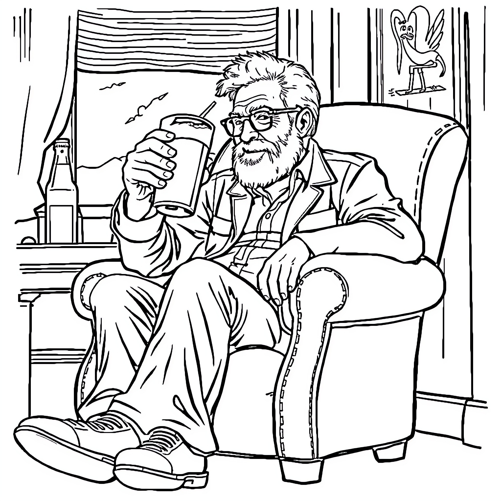 Master Bearded Man Relaxing with a Book Coloring Page (free black-and-white line drawing printable PDF for all, from beginners to advanced learners, including children, teens, adults, and seniors)