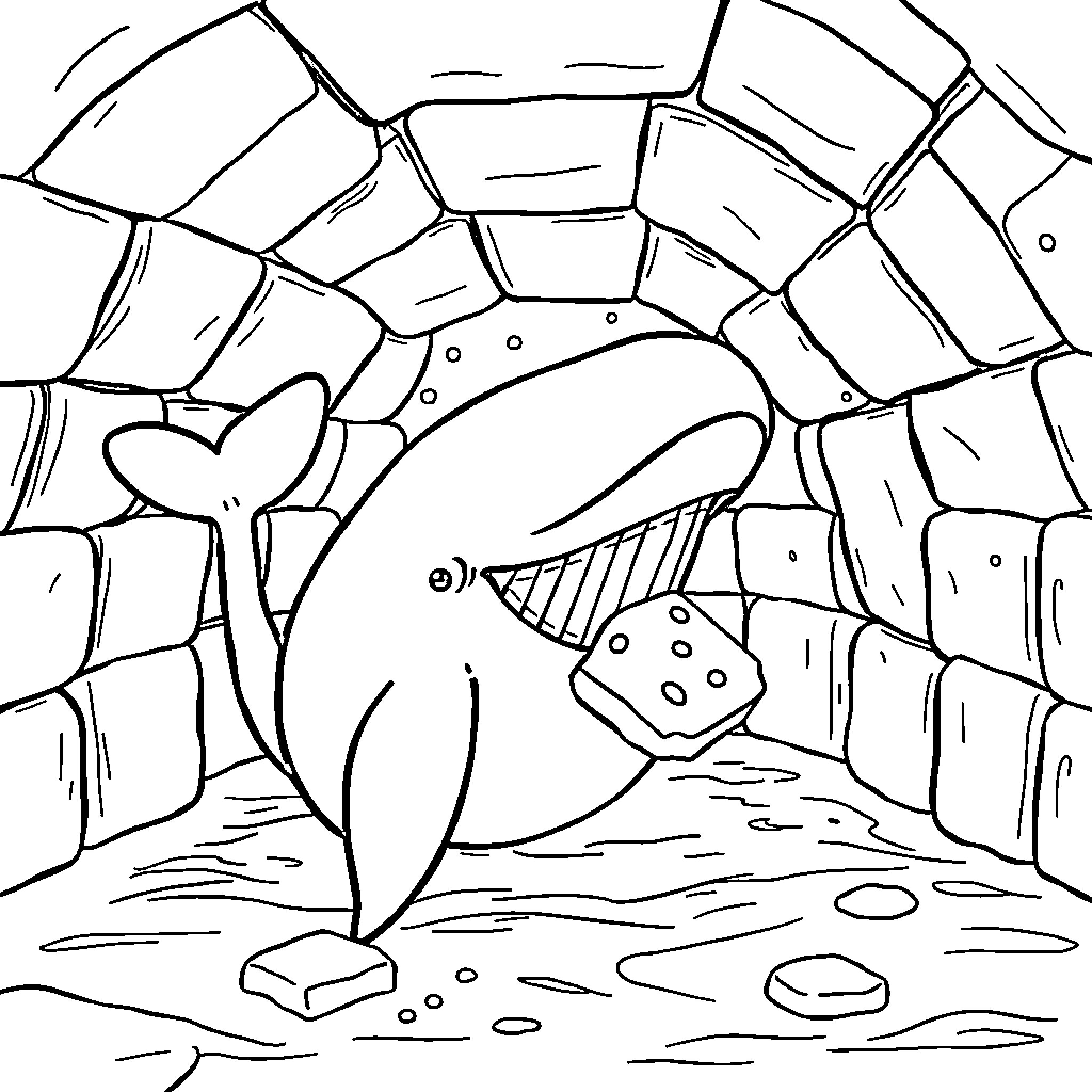 Whale exploring rocky undersea terrain Coloring Page (free black-and-white line drawing printable PDF for all, from beginners to advanced learners, including children, teens, adults, and seniors)