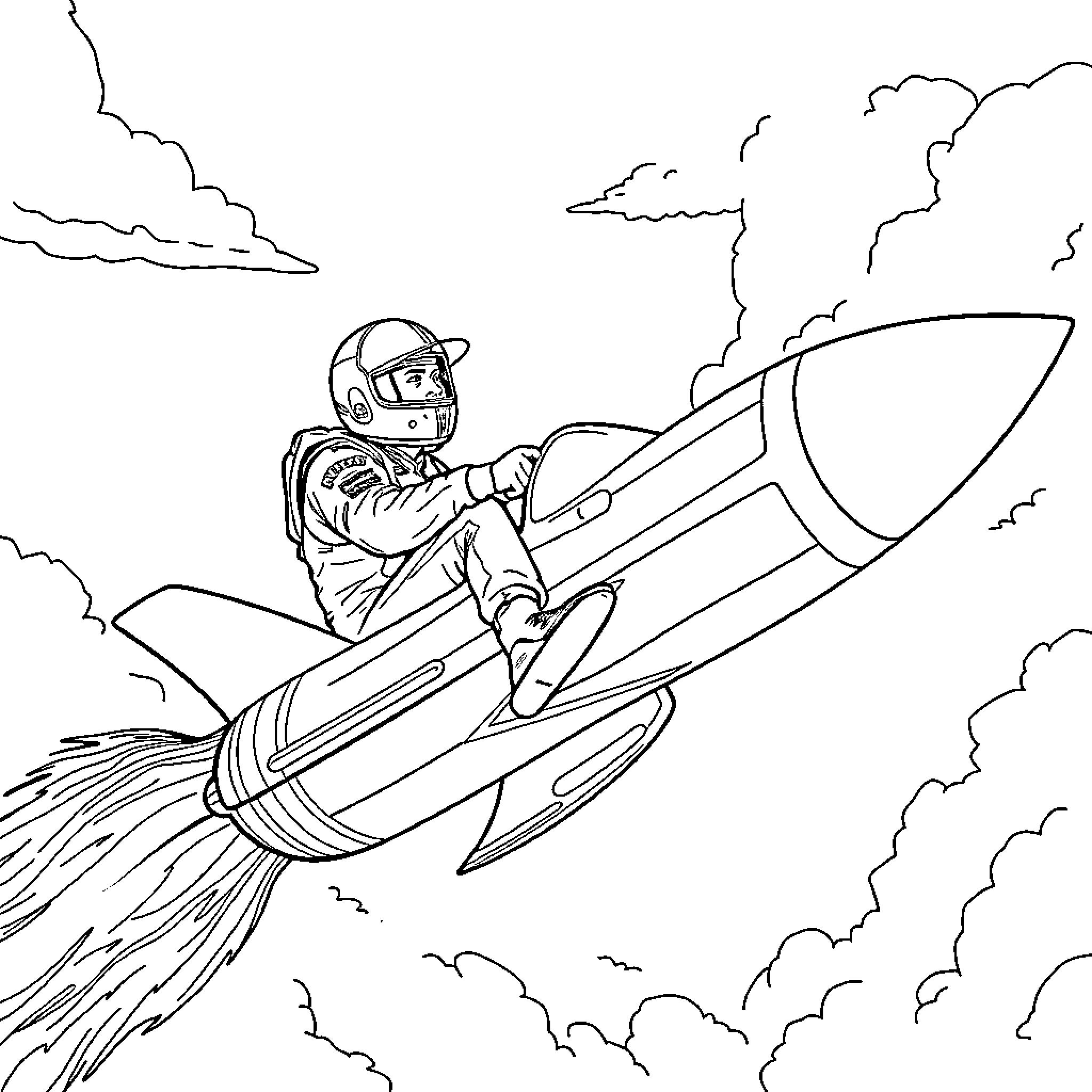 Dale Earnhardt flying rocket-powered race car in the sky Coloring Page (free black-and-white line drawing printable PDF for all, from beginners to advanced learners, including children, teens, adults, and seniors)