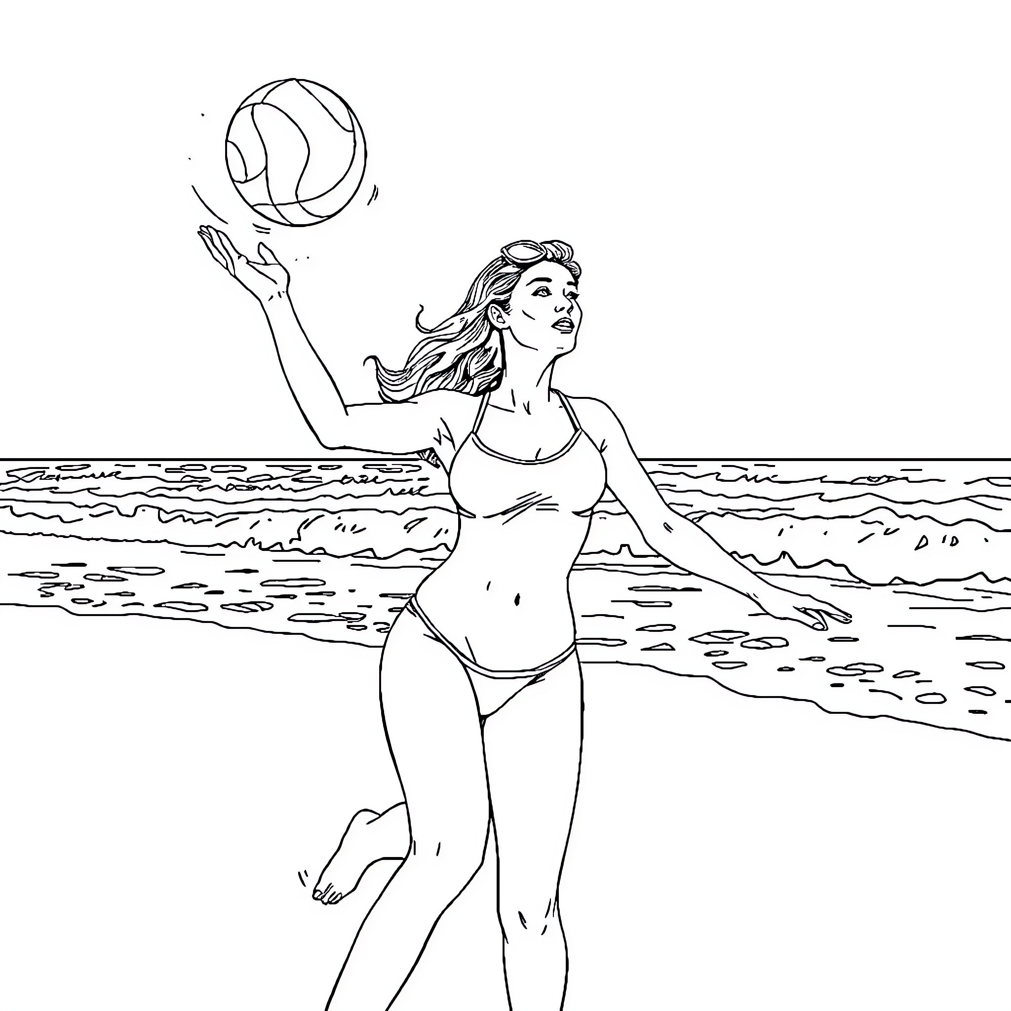 Woman playing with beach ball in the ocean Coloring Page (free black-and-white line drawing printable PDF for all, from beginners to advanced learners, including children, teens, adults, and seniors)