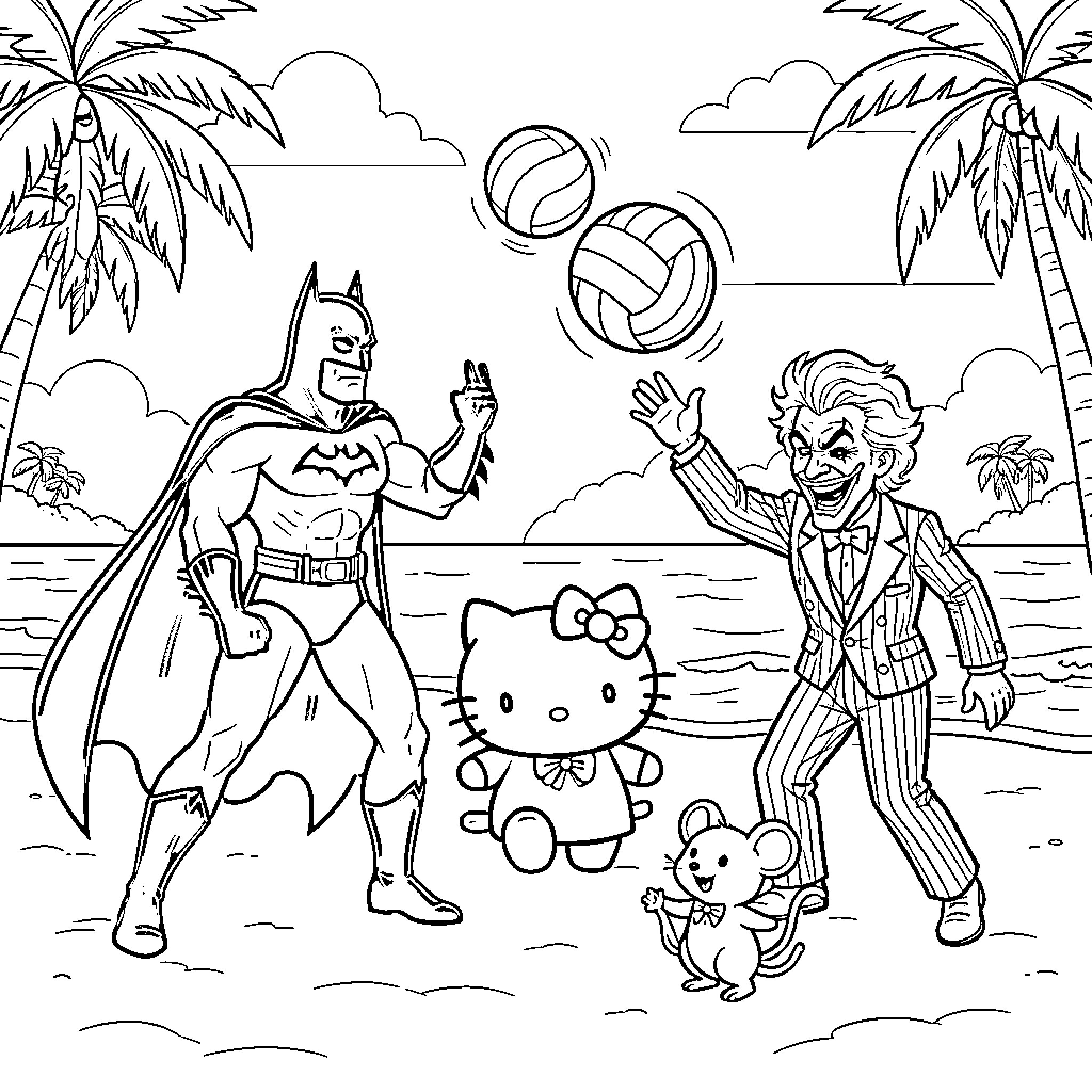 Volleyball fun with superheroes and friends on the beach Coloring Page (free black-and-white line drawing printable PDF for all, from beginners to advanced learners, including children, teens, adults, and seniors)