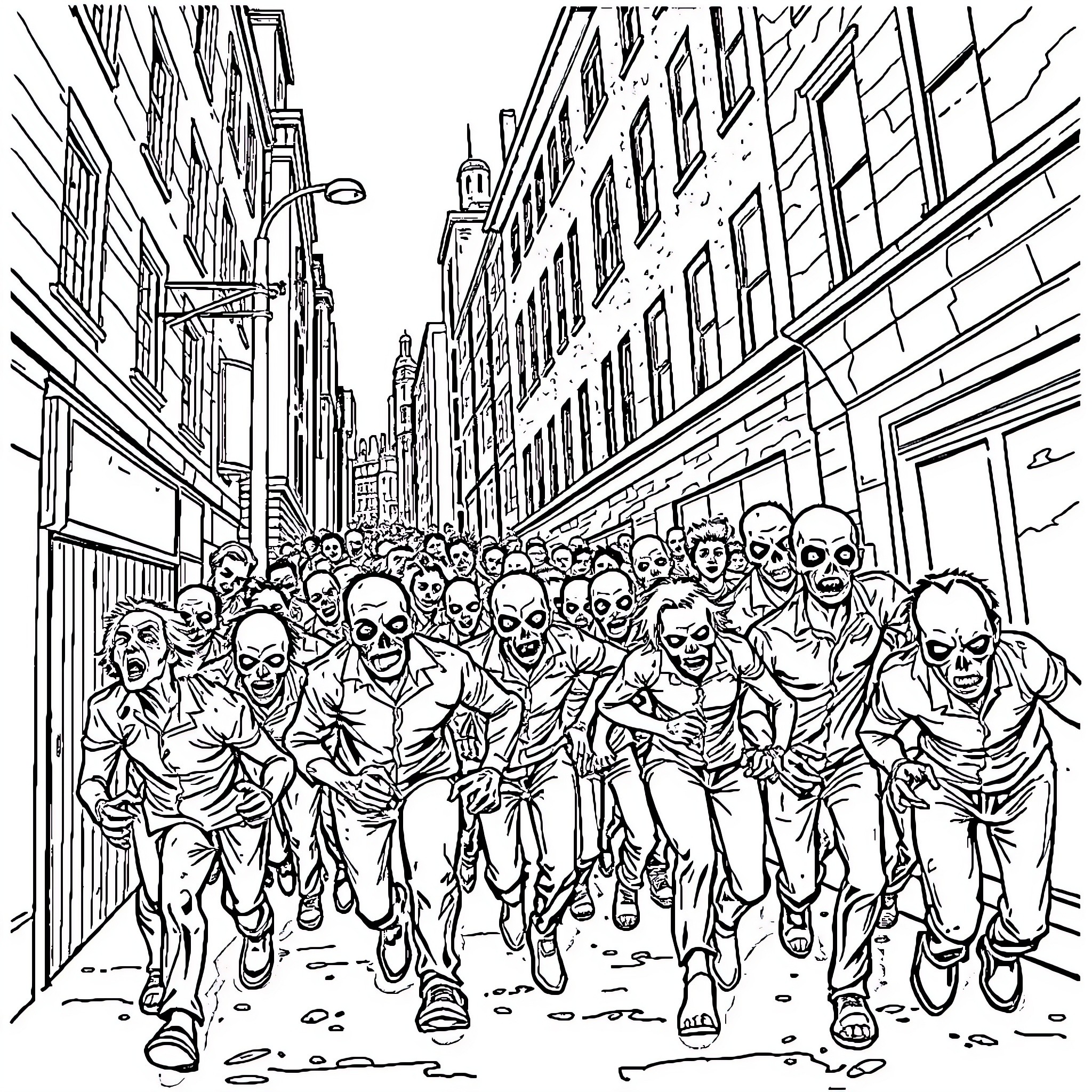 Zombie Horde Invades City Streets Coloring Page (free black-and-white line drawing printable PDF for all, from beginners to advanced learners, including children, teens, adults, and seniors)