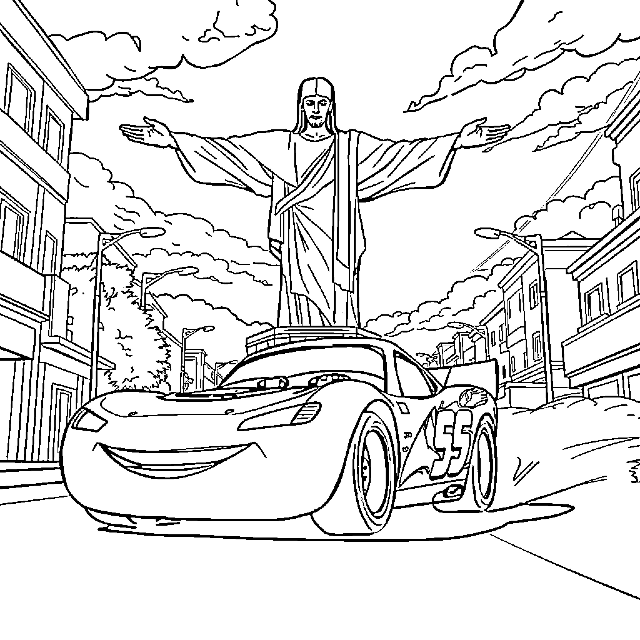 Rayo McQueen in a divine scene with a giant figure Coloring Page (free black-and-white line drawing printable PDF for all, from beginners to advanced learners, including children, teens, adults, and seniors)