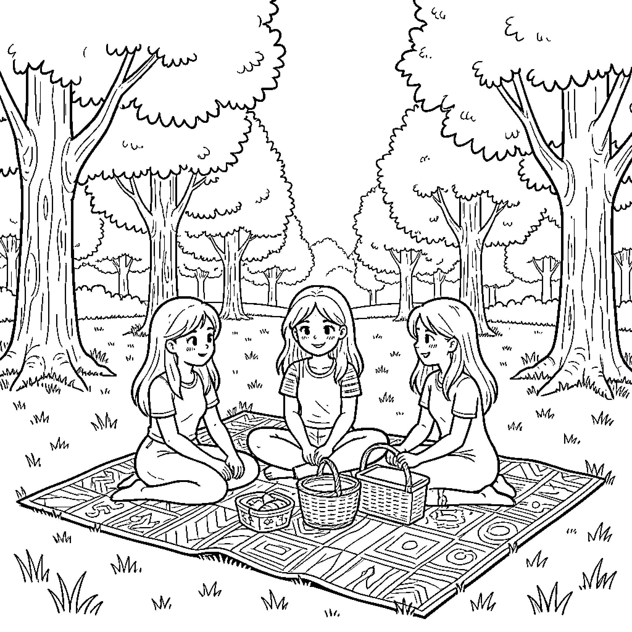 Girls Having a Picnic in the Forest Coloring Page (free black-and-white line drawing printable PDF for all, from beginners to advanced learners, including children, teens, adults, and seniors)