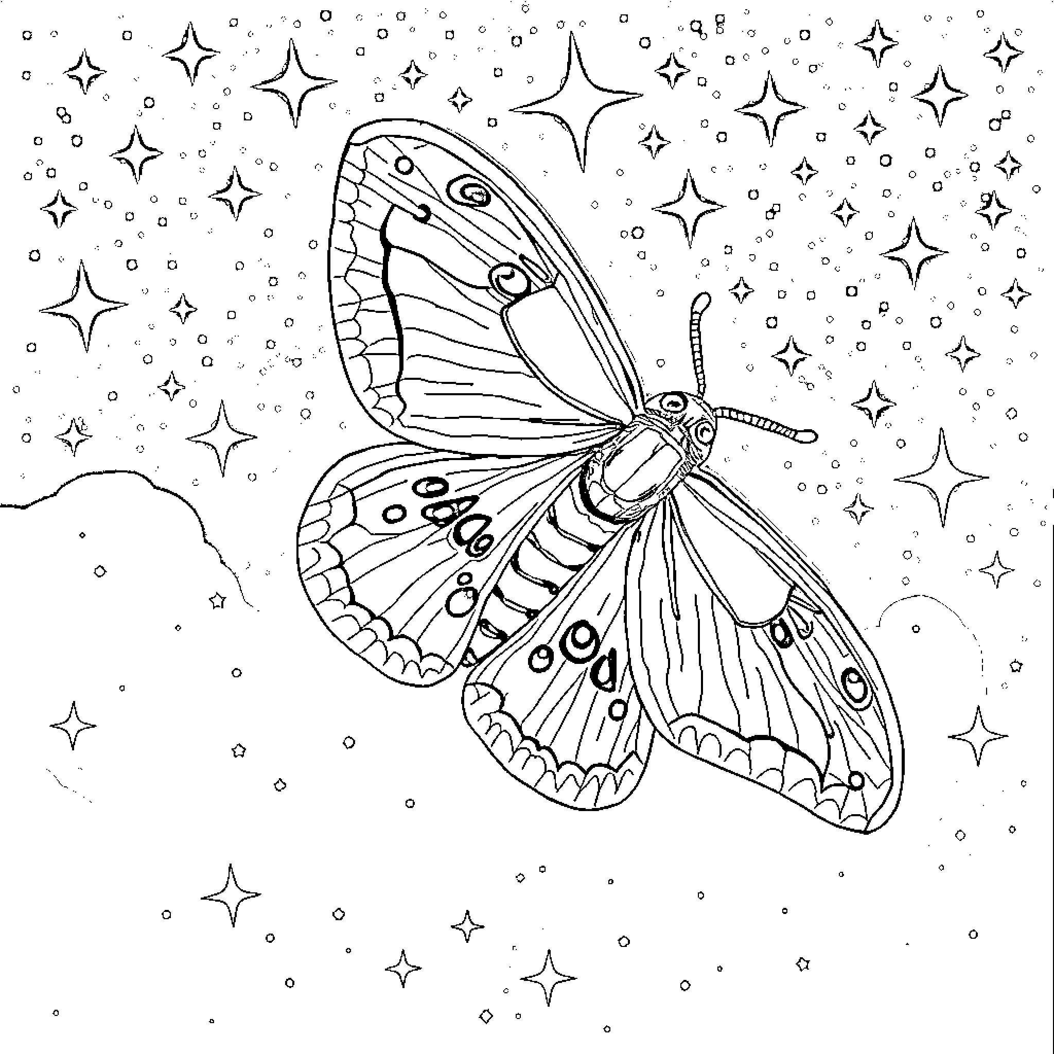Death Moth soaring through a starry night Coloring Page (free black-and-white line drawing printable PDF for all, from beginners to advanced learners, including children, teens, adults, and seniors)