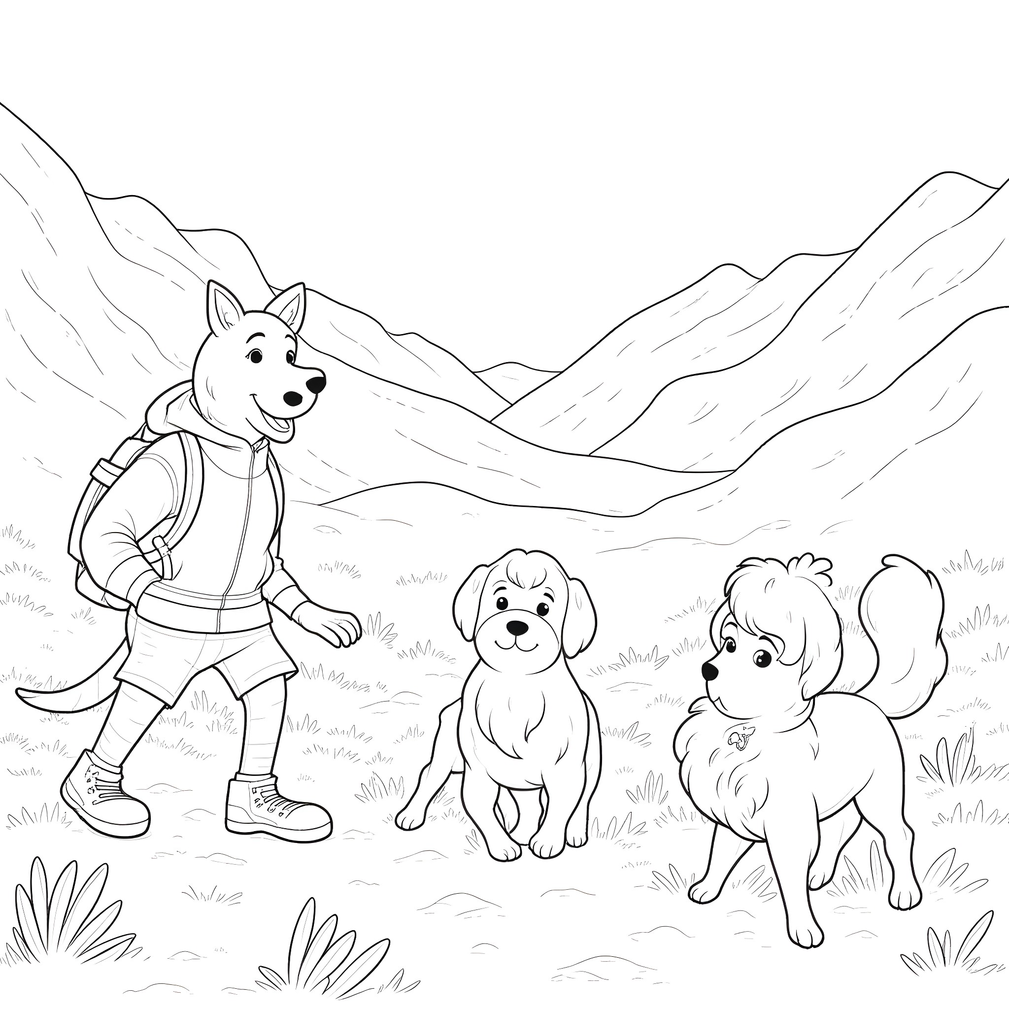 Bluey and friends explore the mountain trail Coloring Page (free black-and-white line drawing printable PDF for all, from beginners to advanced learners, including children, teens, adults, and seniors)