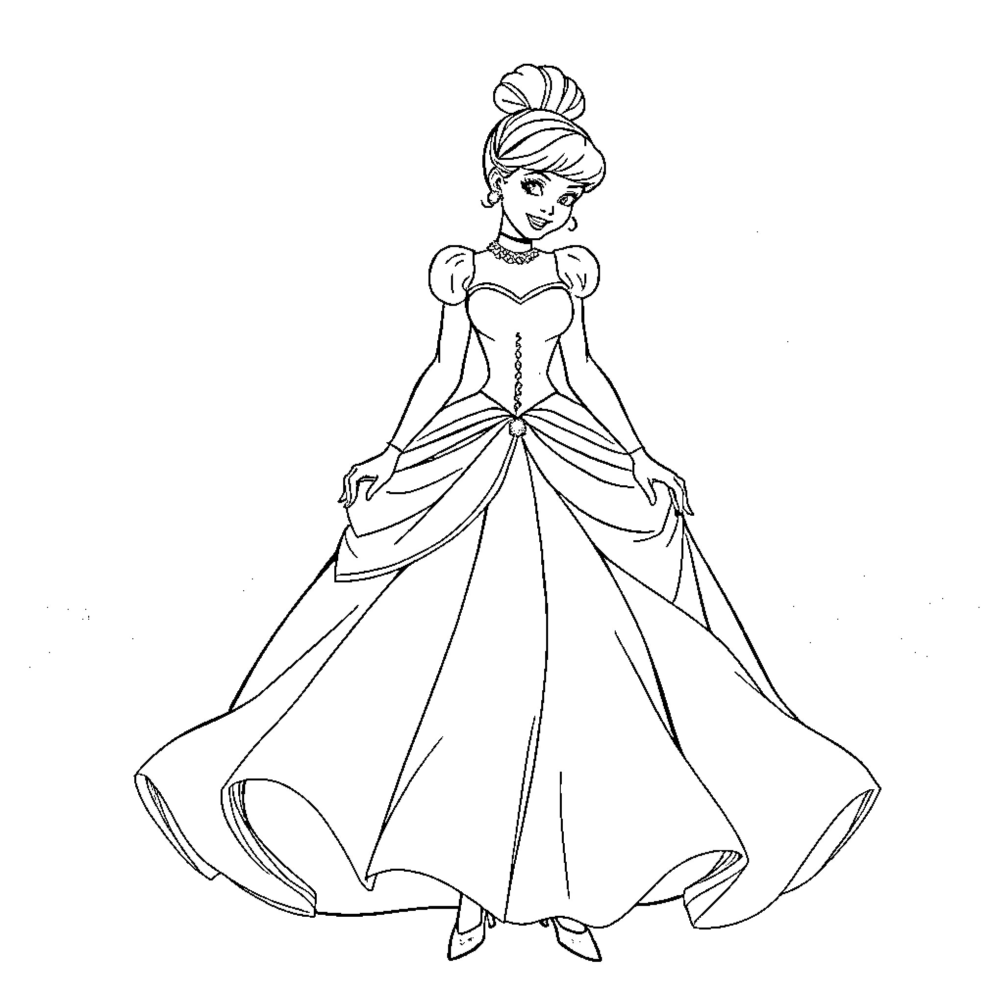Cinderella in her elegant ball gown Coloring Page (free black-and-white line drawing printable PDF for all, from beginners to advanced learners, including children, teens, adults, and seniors)