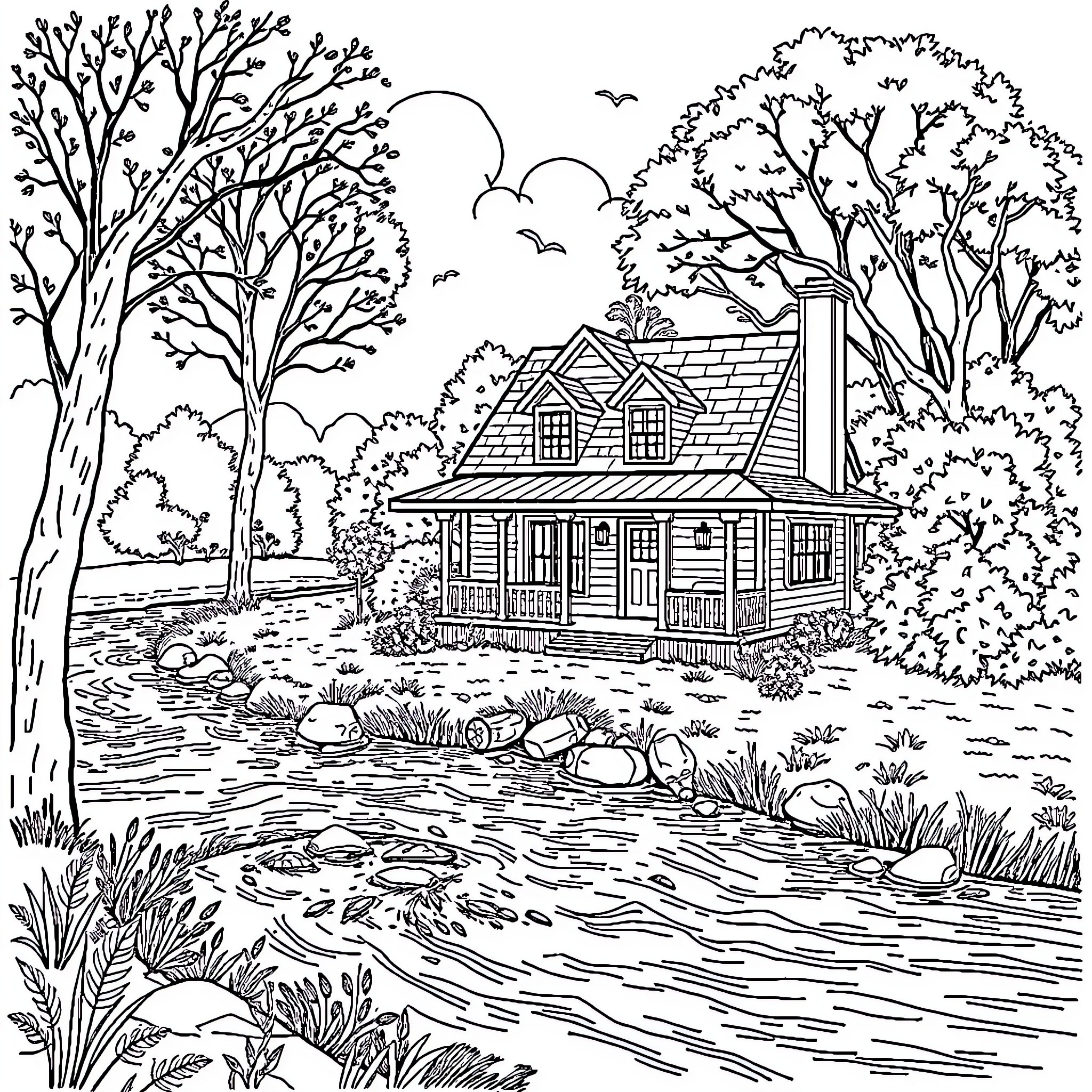 Home in the Peaceful Forest Landscape Coloring Page (free black-and-white line drawing printable PDF for all, from beginners to advanced learners, including children, teens, adults, and seniors)