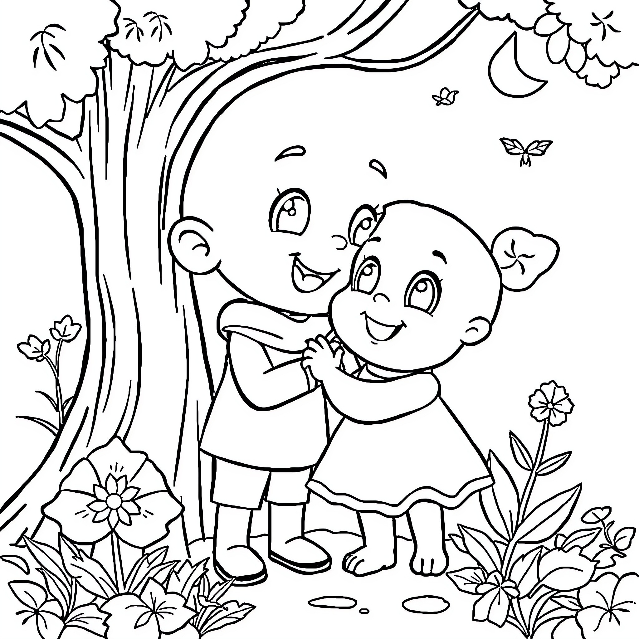 Cartoon Children Hugging and Playing in Nature Coloring Page (free black-and-white line drawing printable PDF for all, from beginners to advanced learners, including children, teens, adults, and seniors)